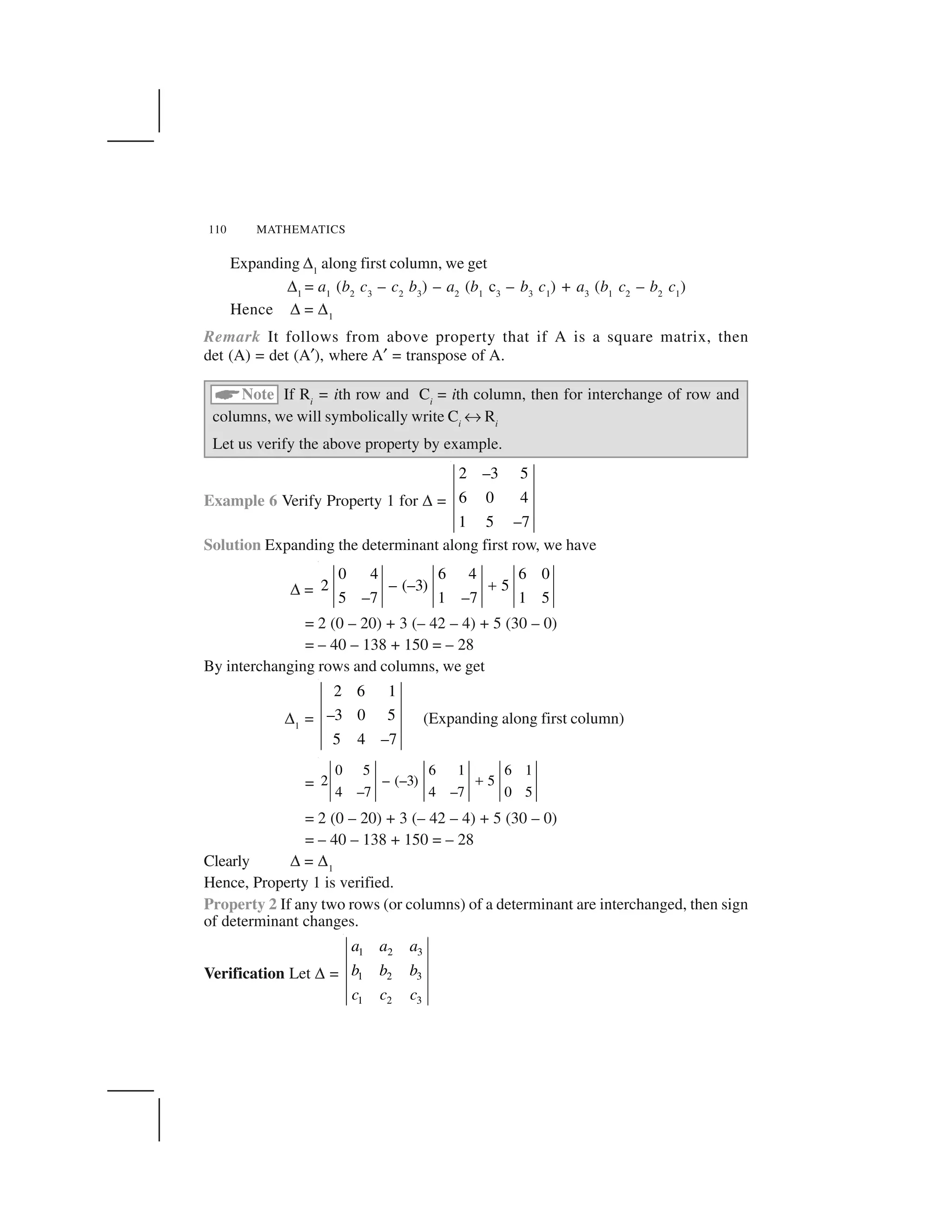 110 MATHEMATICS
Expanding ✆1
along first column, we get
✆1
= a1
(b2
c3
– c2
b3
) – a2
(b1
c3
– b3
c1
) + a3
(b1
c2
– b2
c1
)
Hence ✆= ✆1
Remark It follows from above property that if A is a square matrix, then
det (A) = det (A✟), where A✟= transpose of A.
 Note If Ri
= ith row and Ci
= ith column, then for interchange of row and
columns, we will symbolically write Ci
✠Ri
Let us verify the above property by example.
Example 6 Verify Property 1 for ✆=
2 –3 5
6 0 4
1 5 –7
Solution Expanding the determinant along first row, we have
✆=
0 4 6 4 6 0
2 – (–3) 5
5 –7 1 –7 1 5
✁
= 2 (0 – 20) + 3 (– 42 – 4) + 5 (30 – 0)
= – 40 – 138 + 150 = – 28
By interchanging rows and columns, we get
✆1
=
2 6 1
–3 0 5
5 4 –7
(Expanding along first column)
=
0 5 6 1 6 1
2 – (–3) 5
4 –7 4 –7 0 5
✂
= 2 (0 – 20) + 3 (– 42 – 4) + 5 (30 – 0)
= – 40 – 138 + 150 = – 28
Clearly ✆= ✆1
Hence, Property 1 is verified.
Property 2 If any two rows (or columns) of a determinant are interchanged, then sign
of determinant changes.
Verification Let ✆=
1 2 3
1 2 3
1 2 3
a a a
b b b
c c c
 