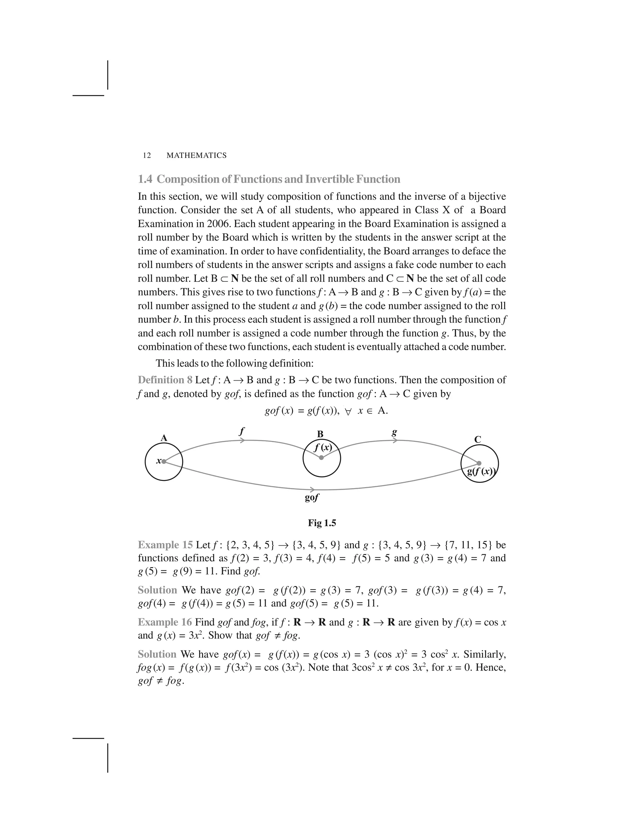 MATHEMATICS12
1.4 Composition of Functions and Invertible Function
In this section, we will study composition of functions and the inverse of a bijective
function. Consider the set A of all students, who appeared in Class X of a Board
Examination in 2006. Each student appearing in the Board Examination is assigned a
roll number by the Board which is written by the students in the answer script at the
time of examination. In order to have confidentiality, the Board arranges to deface the
roll numbers of students in the answer scripts and assigns a fake code number to each
roll number. Let B ✝ N be the set of all roll numbers and C ✝ N be the set of all code
numbers. This gives rise to two functions f : A✌ B and g : B ✌ C given by f (a) = the
roll number assigned to the student a and g(b) = the code number assigned to the roll
number b. In this process each student is assigned a roll number through the function f
and each roll number is assigned a code number through the function g. Thus, by the
combination of these two functions, each student is eventually attached a code number.
This leads to the following definition:
Definition 8 Let f : A ✌ B and g : B ✌ C be two functions. Then the composition of
f and g, denoted by gof, is defined as the function gof : A ✌ C given by
gof (x) = g(f (x)),   x ✂ A.
Fig 1.5
Example 15 Let f : {2, 3, 4, 5} ✌ {3, 4, 5, 9} and g : {3, 4, 5, 9} ✌ {7, 11, 15} be
functions defined as f (2) = 3, f(3) = 4, f(4) = f(5) = 5 and g (3) = g (4) = 7 and
g (5) = g(9) = 11. Find gof.
Solution We have gof (2) = g (f (2)) = g (3) = 7, gof (3) = g (f (3)) = g (4) = 7,
gof(4) = g (f(4)) = g (5) = 11 and gof(5) = g (5) = 11.
Example 16 Find gof and fog, if f : R ✌ R and g : R ✌ R are given by f(x) = cos x
and g(x) = 3x2
. Show that gof ✡ fog.
Solution We have gof(x) = g (f(x)) = g(cos x) = 3 (cos x)2
= 3 cos2
x. Similarly,
fog(x) = f(g(x)) = f (3x2
) = cos (3x2
). Note that 3cos2
x ✡ cos 3x2
, for x = 0. Hence,
gof ✡ fog.
 