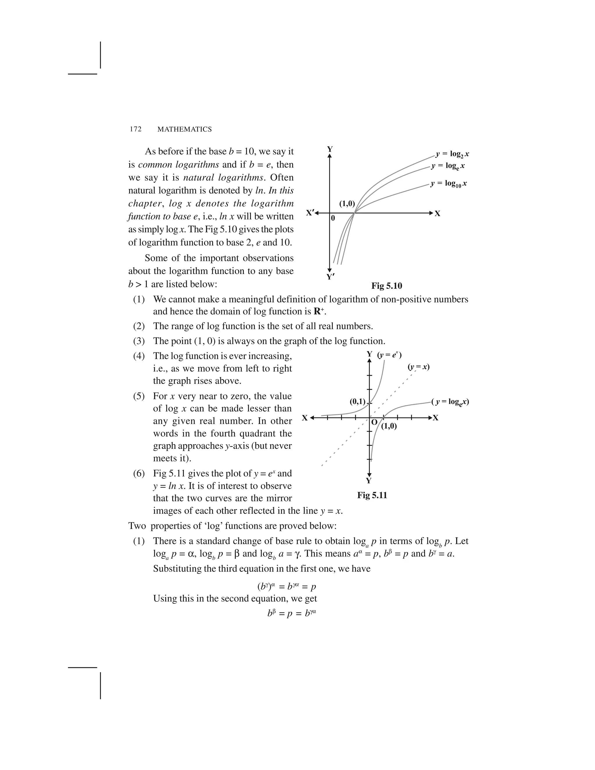 MATHEMATICS172
As before if the base b = 10, we say it
is common logarithms and if b = e, then
we say it is natural logarithms. Often
natural logarithm is denoted by ln. In this
chapter, log x denotes the logarithm
function to base e, i.e., ln x will be written
assimplylogx. The Fig 5.10 gives the plots
of logarithm function to base 2, e and 10.
Some of the important observations
about the logarithm function to any base
b > 1 are listed below:
(1) We cannot make a meaningful definition of logarithm of non-positive numbers
and hence the domain of log function is R+
.
(2) The range of log function is the set of all real numbers.
(3) The point (1, 0) is always on the graph of the log function.
(4) The log function is ever increasing,
i.e., as we move from left to right
the graph rises above.
(5) For x very near to zero, the value
of log x can be made lesser than
any given real number. In other
words in the fourth quadrant the
graph approaches y-axis (but never
meets it).
(6) Fig 5.11 gives the plot of y = ex
and
y = ln x. It is of interest to observe
that the two curves are the mirror
images of each other reflected in the line y = x.
Two properties of ‘log’ functions are proved below:
(1) There is a standard change of base rule to obtain loga
p in terms of logb
p. Let
loga
p = ☛, logb
p = ☞ and logb
a = ✌. This means a  = p, b✁ = p and b✂ = a.
Substituting the third equation in the first one, we have
(b✂)  = b✄☎ = p
Using this in the second equation, we get
b✁ = p = b✂ 
Fig 5.10
Fig 5.11
 