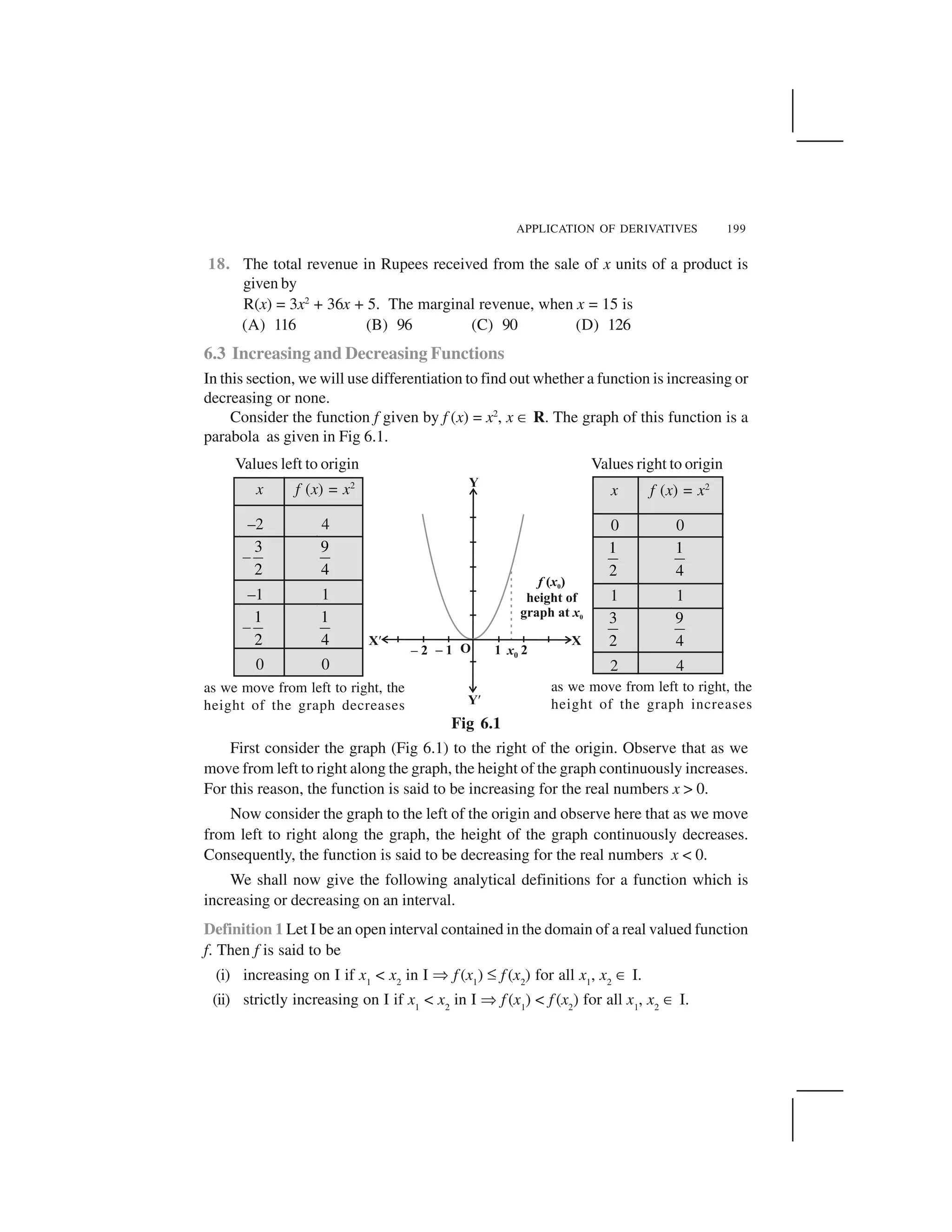 APPLICATION OF DERIVATIVES 199
18. The total revenue in Rupees received from the sale of x units of a product is
given by
R(x) = 3x2
+ 36x + 5. The marginal revenue, when x = 15 is
(A) 116 (B) 96 (C) 90 (D) 126
6.3 Increasing and Decreasing Functions
In this section, we will use differentiation to find out whether a function is increasing or
decreasing or none.
Consider the function f given by f (x) = x2
, x ☎ R. The graph of this function is a
parabola as given in Fig 6.1.
Fig 6.1
First consider the graph (Fig 6.1) to the right of the origin. Observe that as we
move from left to right along the graph, the height of the graph continuously increases.
For this reason, the function is said to be increasing for the real numbers x > 0.
Now consider the graph to the left of the origin and observe here that as we move
from left to right along the graph, the height of the graph continuously decreases.
Consequently, the function is said to be decreasing for the real numbers x < 0.
We shall now give the following analytical definitions for a function which is
increasing or decreasing on an interval.
Definition 1 Let I be an open interval contained in the domain of a real valued function
f. Then f is said to be
(i) increasing on I if x1
< x2
in I ✆ f (x1
) ✝ f (x2
) for all x1
, x2
☎ I.
(ii) strictly increasing on I if x1
< x2
in I ✆ f (x1
) < f (x2
) for all x1
, x2
☎ I.
x f (x) = x2
–2 4
3
2
 
9
4
–1 1
1
2
 
1
4
0 0
Values left to origin
as we move from left to right, the
height of the graph decreases
x f (x) = x2
0 0
1
2
1
4
1 1
3
2
9
4
2 4
Values right to origin
as we move from left to right, the
height of the graph increases
 