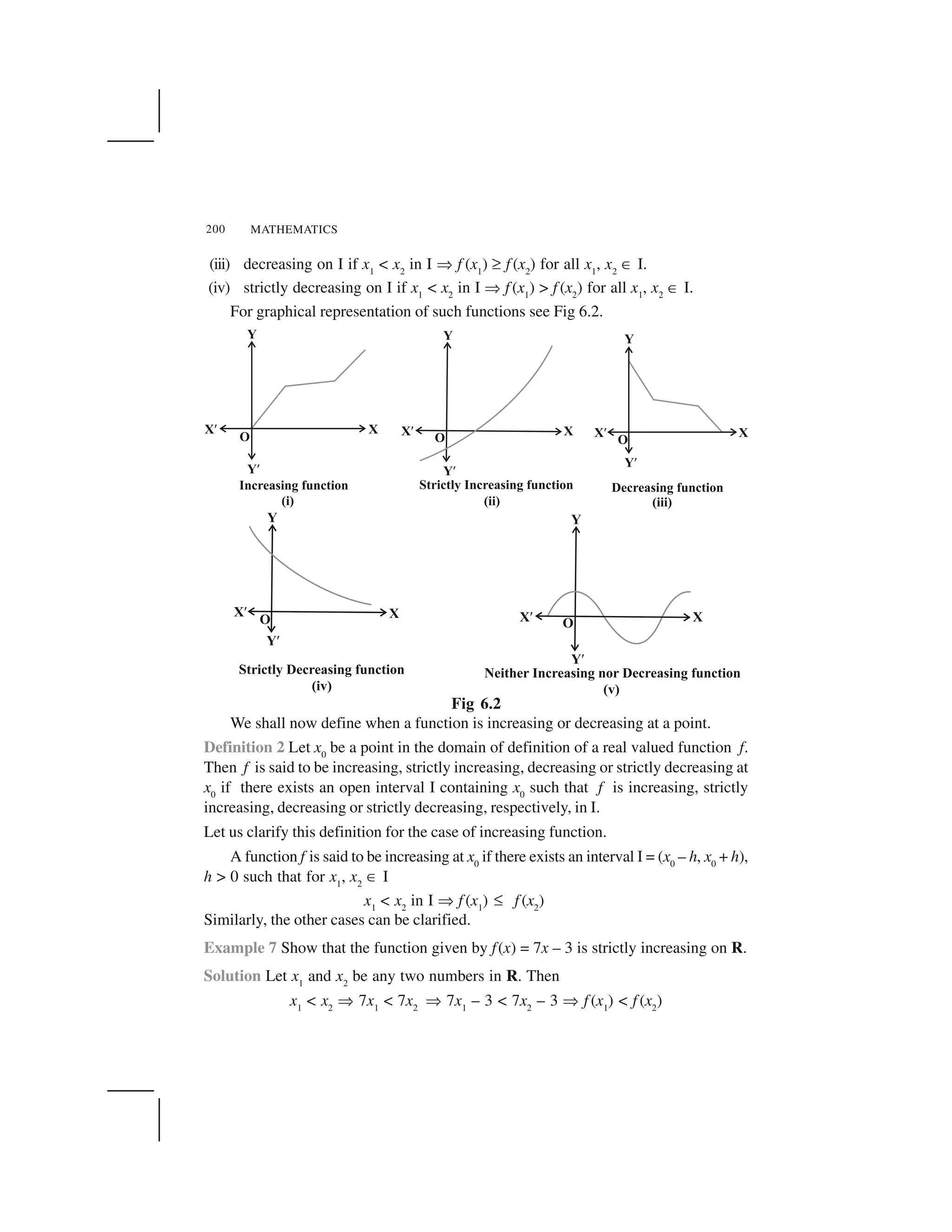 MATHEMATICS200
(iii) decreasing on I if x1
< x2
in I ✆ f (x1
) ✞ f (x2
) for all x1
, x2
☎ I.
(iv) strictly decreasing on I if x1
< x2
in I ✆ f (x1
) > f (x2
) for all x1
, x2
☎ I.
For graphical representation of such functions see Fig 6.2.
Fig 6.2
We shall now define when a function is increasing or decreasing at a point.
Definition 2 Let x0
be a point in the domain of definition of a real valued function f.
Then f is said to be increasing, strictly increasing, decreasing or strictly decreasing at
x0
if there exists an open interval I containing x0
such that f is increasing, strictly
increasing, decreasing or strictly decreasing, respectively, in I.
Let us clarify this definition for the case of increasing function.
A function f is said to be increasing at x0
if there exists an interval I = (x0
– h, x0
+ h),
h > 0 such that for x1
, x2
☎ I
x1
< x2
in I ✆ f (x1
) ✝ f (x2
)
Similarly, the other cases can be clarified.
Example 7 Show that the function given by f(x) = 7x – 3 is strictly increasing on R.
Solution Let x1
and x2
be any two numbers in R. Then
x1
< x2
✆ 7x1
< 7x2
✆ 7x1
– 3 < 7x2
– 3 ✆ f (x1
) < f (x2
)
 