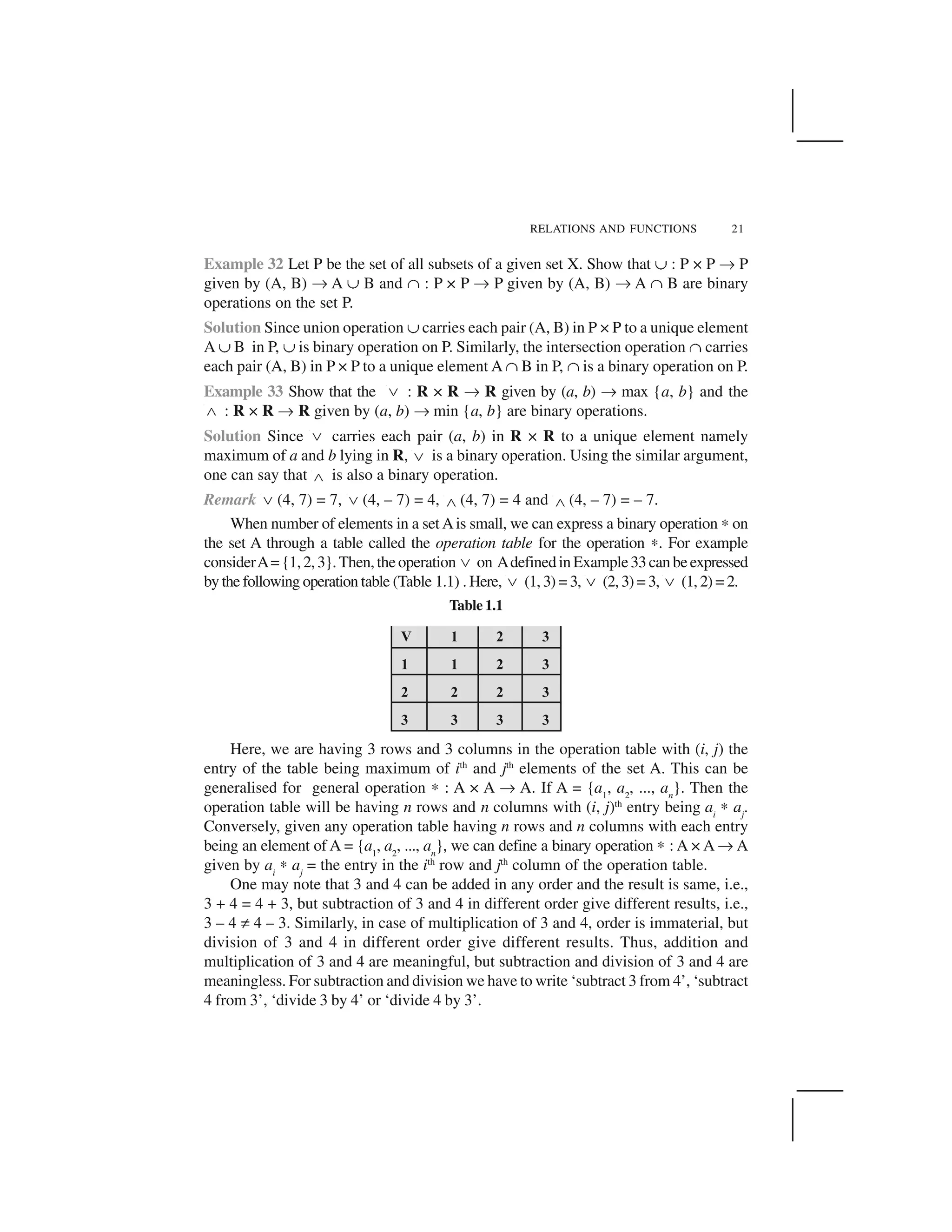 RELATIONS AND FUNCTIONS 21
Example 32 Let P be the set of all subsets of a given set X. Show that ✠ : P × P ✌ P
given by (A, B) ✌ A ✠ B and ☛ : P × P ✌ P given by (A, B) ✌ A ☛ B are binary
operations on the set P.
Solution Since union operation ✠ carries each pair (A, B) in P × P to a unique element
A ✠ B in P, ✠ is binary operation on P. Similarly, the intersection operation ☛ carries
each pair (A, B) in P × P to a unique element A☛ B in P, ☛ is a binary operation on P.
Example 33 Show that the   : R × R ✌ R given by (a, b) ✌ max {a, b} and the
✁ : R × R ✌ R given by (a, b) ✌ min {a, b} are binary operations.
Solution Since ✂ carries each pair (a, b) in R × R to a unique element namely
maximum of a and b lying in R, ✂ is a binary operation. Using the similar argument,
one can say that ✄ is also a binary operation.
Remark ✂ (4, 7) = 7, ✂ (4, – 7) = 4, ✁ (4, 7) = 4 and ✁ (4, – 7) = – 7.
When number of elements in a set Ais small, we can express a binary operation ✍ on
the set A through a table called the operation table for the operation ✍. For example
considerA={1,2,3}.Then,theoperation   on AdefinedinExample33canbeexpressed
by the following operation table (Table 1.1) . Here,   (1, 3) = 3,   (2, 3) = 3,   (1, 2) = 2.
Table 1.1
Here, we are having 3 rows and 3 columns in the operation table with (i, j) the
entry of the table being maximum of ith
and jth
elements of the set A. This can be
generalised for general operation ✍ : A × A ✌ A. If A = {a1
, a2
, ..., an
}. Then the
operation table will be having n rows and n columns with (i, j)th
entry being ai
✍ aj
.
Conversely, given any operation table having n rows and n columns with each entry
being an element of A = {a1
, a2
, ..., an
}, we can define a binary operation ✍ : A × A✌ A
given by ai
✍ aj
= the entry in the ith
row and jth
column of the operation table.
One may note that 3 and 4 can be added in any order and the result is same, i.e.,
3 + 4 = 4 + 3, but subtraction of 3 and 4 in different order give different results, i.e.,
3 – 4 ✡ 4 – 3. Similarly, in case of multiplication of 3 and 4, order is immaterial, but
division of 3 and 4 in different order give different results. Thus, addition and
multiplication of 3 and 4 are meaningful, but subtraction and division of 3 and 4 are
meaningless. For subtraction and division we have to write ‘subtract 3 from 4’, ‘subtract
4 from 3’, ‘divide 3 by 4’ or ‘divide 4 by 3’.
 