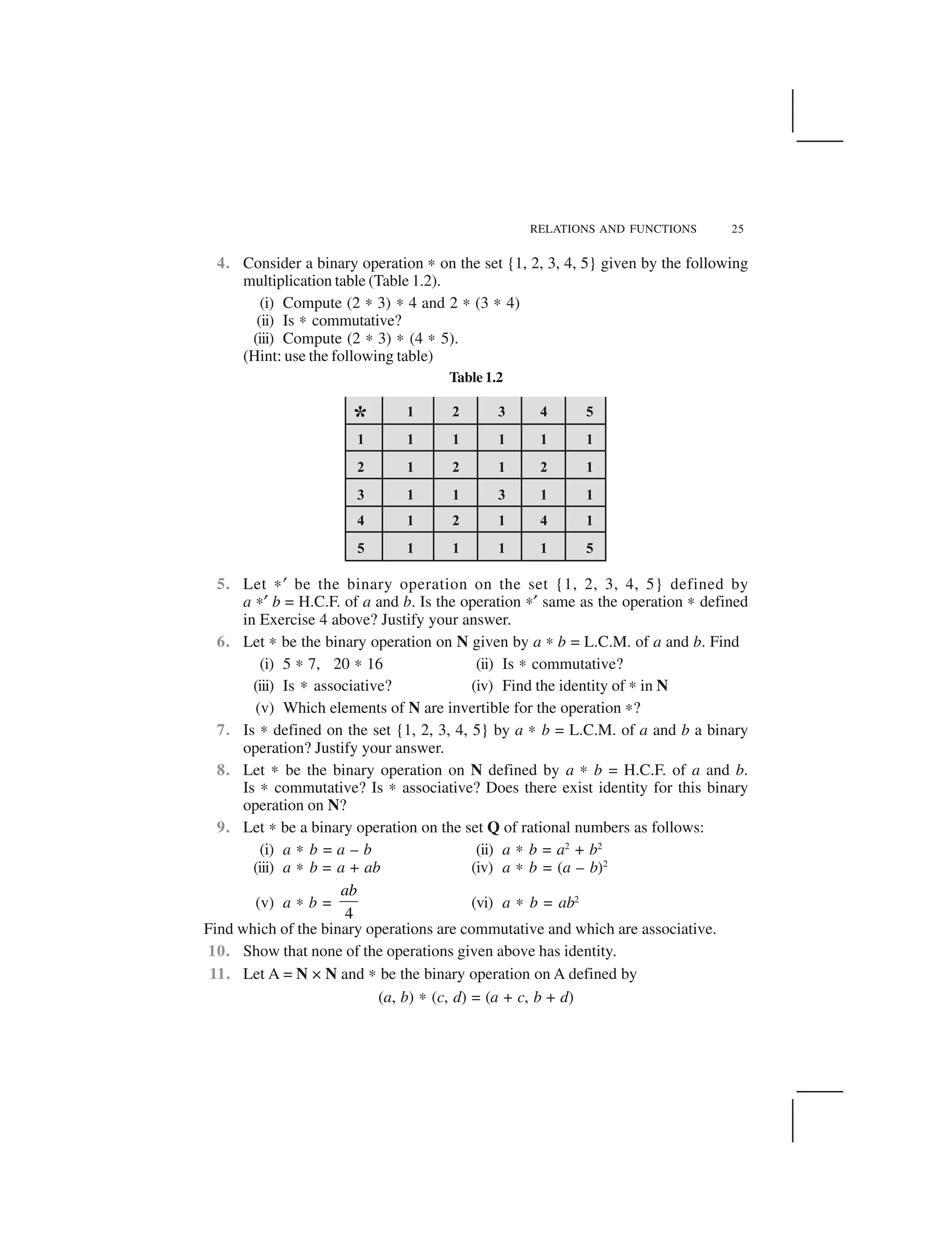 RELATIONS AND FUNCTIONS 25
4. Consider a binary operation ✍ on the set {1, 2, 3, 4, 5} given by the following
multiplication table (Table 1.2).
(i) Compute (2 ✍ 3) ✍ 4 and 2 ✍ (3 ✍ 4)
(ii) Is ✍ commutative?
(iii) Compute (2 ✍ 3) ✍ (4 ✍ 5).
(Hint: use the following table)
Table 1.2
5. Let ✍  be the binary operation on the set {1, 2, 3, 4, 5} defined by
a ✍  b = H.C.F. of a and b. Is the operation ✍  same as the operation ✍ defined
in Exercise 4 above? Justify your answer.
6. Let ✍ be the binary operation on N given by a ✍ b = L.C.M. of a and b. Find
(i) 5 ✍ 7, 20 ✍ 16 (ii) Is ✍ commutative?
(iii) Is ✍ associative? (iv) Find the identity of ✍ in N
(v) Which elements of N are invertible for the operation ✍?
7. Is ✍ defined on the set {1, 2, 3, 4, 5} by a ✍ b = L.C.M. of a and b a binary
operation? Justify your answer.
8. Let ✍ be the binary operation on N defined by a ✍ b = H.C.F. of a and b.
Is ✍ commutative? Is ✍ associative? Does there exist identity for this binary
operation on N?
9. Let ✍ be a binary operation on the set Q of rational numbers as follows:
(i) a ✍ b = a – b (ii) a ✍ b = a2
+ b2
(iii) a ✍ b = a + ab (iv) a ✍ b = (a – b)2
(v) a ✍ b =
4
ab
(vi) a ✍ b = ab2
Find which of the binary operations are commutative and which are associative.
10. Show that none of the operations given above has identity.
11. Let A = N × N and ✍ be the binary operation on A defined by
(a, b) ✍ (c, d) = (a + c, b + d)
 