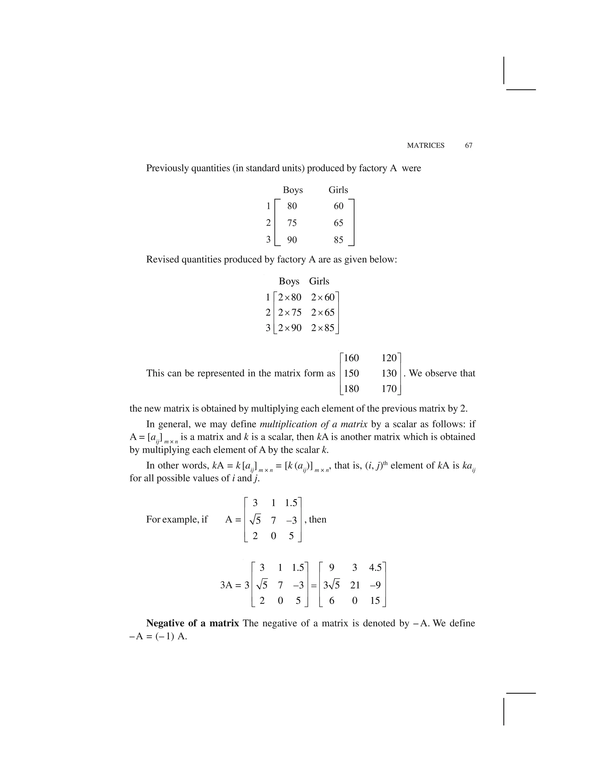 MATRICES 67
Previously quantities (in standard units) produced by factory A were
Revised quantities produced by factory A are as given below:
Boys Girls
2 80 2 601
2 2 75 2 65
3 2 90 2 85
   ✁ ✂
✄ ☎   ✄ ☎
✄ ☎   ✆ ✝
This can be represented in the matrix form as
160 120
150 130
180 170
✞ ✟
✠ ✡
✠ ✡
✠ ✡☛ ☞
. We observe that
the new matrix is obtained by multiplying each element of the previous matrix by 2.
In general, we may define multiplication of a matrix by a scalar as follows: if
A = [aij
] m × n
is a matrix and k is a scalar, then kA is another matrix which is obtained
by multiplying each element of A by the scalar k.
In other words, kA = k[aij
]m × n
= [k (aij
)] m × n
, that is, (i, j)th
element of kA is kaij
for all possible values of i and j.
For example, if A =
3 1 1.5
5 7 3
2 0 5
✌ ✍
✎ ✏
✑✎ ✏
✎ ✏✒ ✓
, then
3A =
3 1 1.5 9 3 4.5
3 5 7 3 3 5 21 9
2 0 5 6 0 15
✌ ✍ ✌ ✍
✎ ✏ ✎ ✏
✑ ✔ ✑✎ ✏ ✎ ✏
✎ ✏ ✎ ✏
✒ ✓ ✒ ✓
Negative of a matrix The negative of a matrix is denoted by – A. We define
–A = (– 1) A.
 
