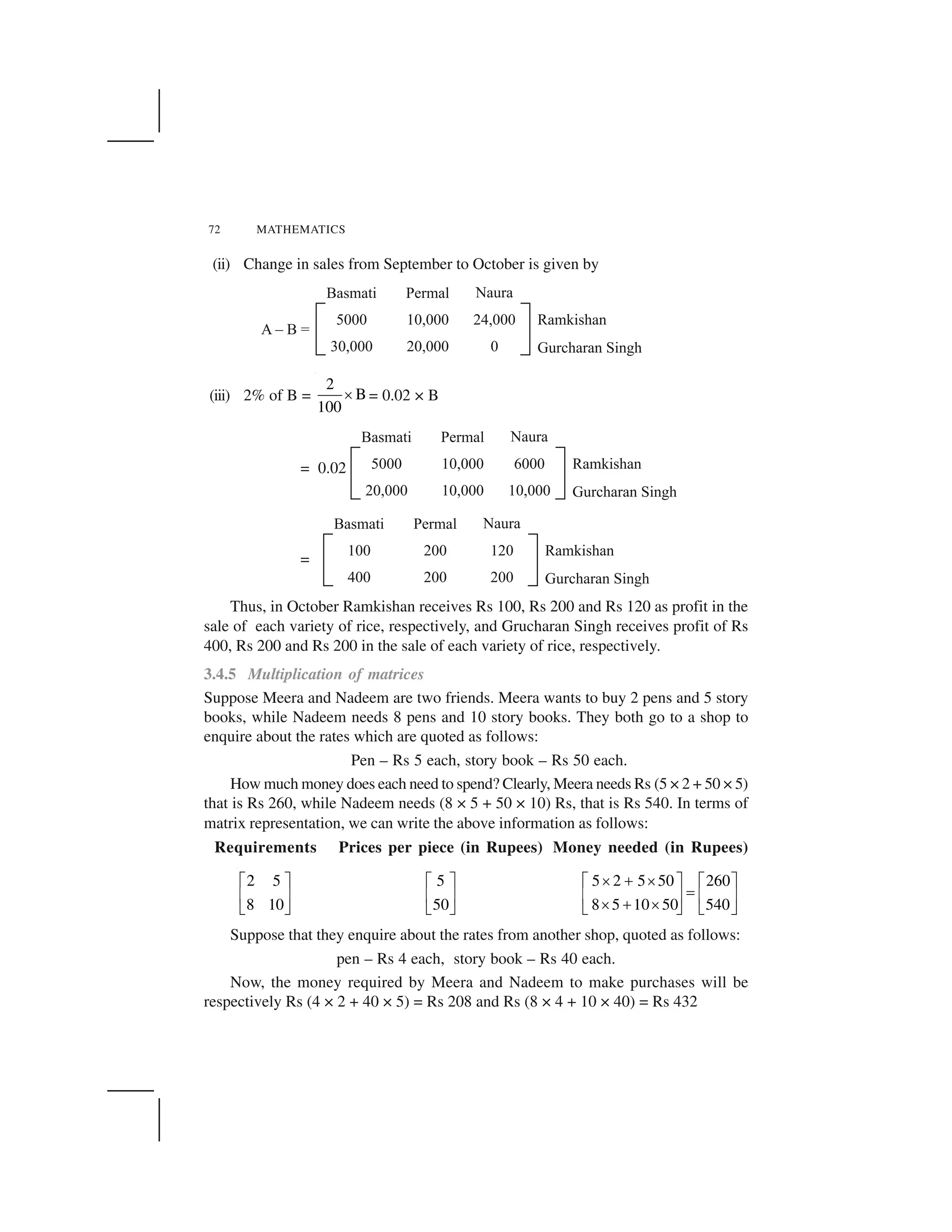72 MATHEMATICS
(ii) Change in sales from September to October is given by
(iii) 2% of B =
2
B
100
  = 0.02 × B
= 0.02
=
Thus, in October Ramkishan receives Rs 100, Rs 200 and Rs 120 as profit in the
sale of each variety of rice, respectively, and Grucharan Singh receives profit of Rs
400, Rs 200 and Rs 200 in the sale of each variety of rice, respectively.
3.4.5 Multiplication of matrices
Suppose Meera and Nadeem are two friends. Meera wants to buy 2 pens and 5 story
books, while Nadeem needs 8 pens and 10 story books. They both go to a shop to
enquire about the rates which are quoted as follows:
Pen – Rs 5 each, story book – Rs 50 each.
How much money does each need to spend? Clearly, Meera needs Rs (5 × 2 + 50 × 5)
that is Rs 260, while Nadeem needs (8 × 5 + 50 × 10) Rs, that is Rs 540. In terms of
matrix representation, we can write the above information as follows:
Requirements Prices per piece (in Rupees) Money needed (in Rupees)
2 5
8 10
✁ ✂
✄ ☎
✆ ✝
5
50
✁ ✂
✄ ☎
✆ ✝
5 2 5 50 260
8 5 10 50 540
✞ ✟ ✞✁ ✂ ✁ ✂
✠✄ ☎ ✄ ☎✞ ✟ ✞✆ ✝ ✆ ✝
Suppose that they enquire about the rates from another shop, quoted as follows:
pen – Rs 4 each, story book – Rs 40 each.
Now, the money required by Meera and Nadeem to make purchases will be
respectively Rs (4 × 2 + 40 × 5) = Rs 208 and Rs (8 × 4 + 10 × 40) = Rs 432
 