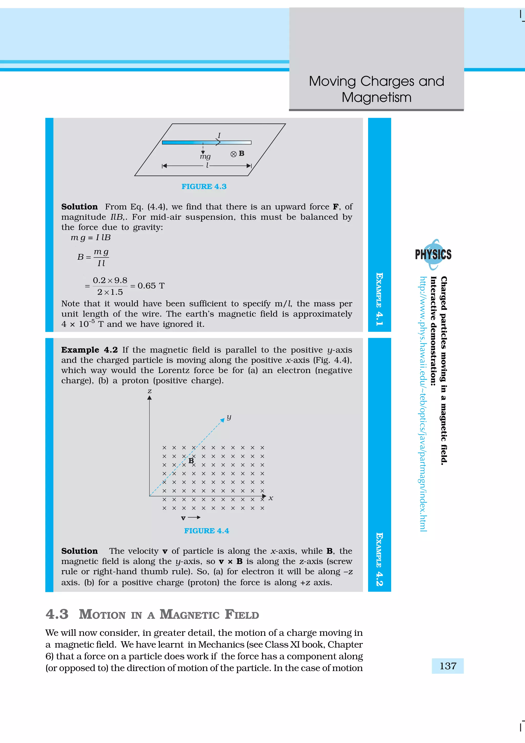 Moving Charges and
Magnetism
137
EXAMPLE4.1
FIGURE 4.3
Solution From Eq. (4.4), we find that there is an upward force F, of
magnitude IlB,. For mid-air suspension, this must be balanced by
the force due to gravity:
m g = I lB
m g
B
I l
=
0.2 9.8
0.65 T
2 1.5
×
= =
×
Note that it would have been sufficient to specify m/l, the mass per
unit length of the wire. The earth’s magnetic field is approximately
4 × 10–5
T and we have ignored it.
Example 4.2 If the magnetic field is parallel to the positive y-axis
and the charged particle is moving along the positive x-axis (Fig. 4.4),
which way would the Lorentz force be for (a) an electron (negative
charge), (b) a proton (positive charge).
FIGURE 4.4
Solution The velocity v of particle is along the x-axis, while B, the
magnetic field is along the y-axis, so v × B is along the z-axis (screw
rule or right-hand thumb rule). So, (a) for electron it will be along –z
axis. (b) for a positive charge (proton) the force is along +z axis.
4.3 MOTION IN A MAGNETIC FIELD
We will now consider, in greater detail, the motion of a charge moving in
a magnetic field. We have learnt in Mechanics (see Class XI book, Chapter
6) that a force on a particle does work if the force has a component along
(or opposed to) the direction of motion of the particle. In the case of motion
EXAMPLE4.2
Chargedparticlesmovinginamagneticfield.
Interactivedemonstration:
http://www.phys.hawaii.edu/~teb/optics/java/partmagn/index.html
 