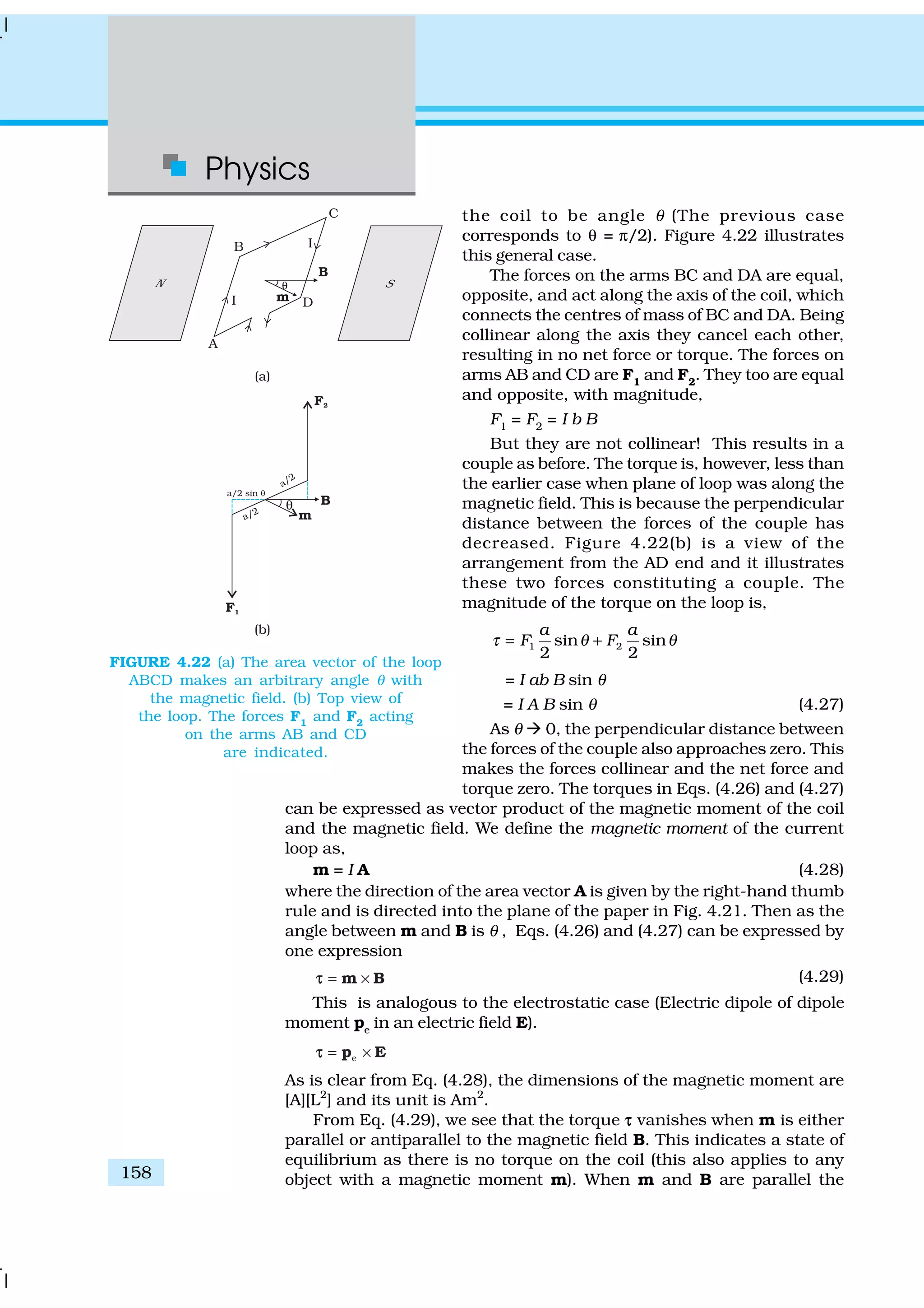 Physics
158
the coil to be angle θ (The previous case
corresponds to θ = π/2). Figure 4.22 illustrates
this general case.
The forces on the arms BC and DA are equal,
opposite, and act along the axis of the coil, which
connects the centres of mass of BC and DA. Being
collinear along the axis they cancel each other,
resulting in no net force or torque. The forces on
arms AB and CD are F1
and F2
. They too are equal
and opposite, with magnitude,
F1
= F2
= I b B
But they are not collinear! This results in a
couple as before. The torque is, however, less than
the earlier case when plane of loop was along the
magnetic field. This is because the perpendicular
distance between the forces of the couple has
decreased. Figure 4.22(b) is a view of the
arrangement from the AD end and it illustrates
these two forces constituting a couple. The
magnitude of the torque on the loop is,
1 2sin sin
2 2
a a
F Fτ θ θ= +
= I ab B sin θ
= I A B sin θ (4.27)
As θ à 0, the perpendicular distance between
the forces of the couple also approaches zero. This
makes the forces collinear and the net force and
torque zero. The torques in Eqs. (4.26) and (4.27)
can be expressed as vector product of the magnetic moment of the coil
and the magnetic field. We define the magnetic moment of the current
loop as,
m = I A (4.28)
where the direction of the area vector A is given by the right-hand thumb
rule and is directed into the plane of the paper in Fig. 4.21. Then as the
angle between m and B is θ , Eqs. (4.26) and (4.27) can be expressed by
one expression
= ×m Bτ (4.29)
This is analogous to the electrostatic case (Electric dipole of dipole
moment pe
in an electric field E).
e= ×p Eτ
As is clear from Eq. (4.28), the dimensions of the magnetic moment are
[A][L2
] and its unit is Am2
.
From Eq. (4.29), we see that the torque ττ vanishes when m is either
parallel or antiparallel to the magnetic field B. This indicates a state of
equilibrium as there is no torque on the coil (this also applies to any
object with a magnetic moment m). When m and B are parallel the
FIGURE 4.22 (a) The area vector of the loop
ABCD makes an arbitrary angle θ with
the magnetic field. (b) Top view of
the loop. The forces F1
and F2
acting
on the arms AB and CD
are indicated.
 