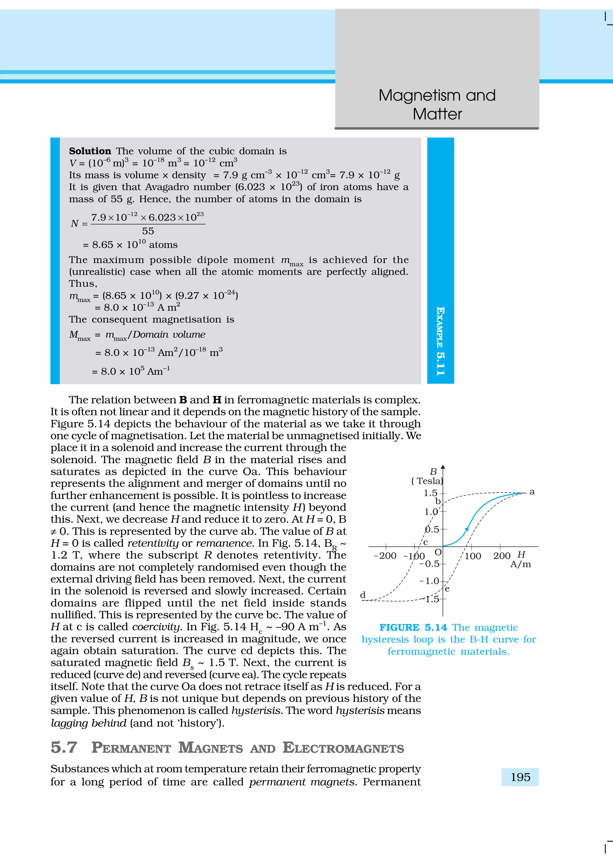 Magnetism and
Matter
195
EXAMPLE5.11
Solution The volume of the cubic domain is
V = (10–6
m)3
= 10–18
m3
= 10–12
cm3
Its mass is volume × density = 7.9 g cm–3
× 10–12
cm3
= 7.9 × 10–12
g
It is given that Avagadro number (6.023 × 1023
) of iron atoms have a
mass of 55 g. Hence, the number of atoms in the domain is
12 23
7.9 10 6.023 10
55
N
−
× × ×
=
= 8.65 × 1010
atoms
The maximum possible dipole moment mmax
is achieved for the
(unrealistic) case when all the atomic moments are perfectly aligned.
Thus,
mmax
= (8.65 × 1010
) × (9.27 × 10–24
)
= 8.0 × 10–13
A m2
The consequent magnetisation is
Mmax
= mmax
/Domain volume
= 8.0 × 10–13
Am2
/10–18
m3
= 8.0 × 105
Am–1
The relation between B and H in ferromagnetic materials is complex.
It is often not linear and it depends on the magnetic history of the sample.
Figure 5.14 depicts the behaviour of the material as we take it through
one cycle of magnetisation. Let the material be unmagnetised initially. We
place it in a solenoid and increase the current through the
solenoid. The magnetic field B in the material rises and
saturates as depicted in the curve Oa. This behaviour
represents the alignment and merger of domains until no
further enhancement is possible. It is pointless to increase
the current (and hence the magnetic intensity H) beyond
this. Next, we decrease H and reduce it to zero. At H = 0, B
≠ 0. This is represented by the curve ab. The value of B at
H = 0 is called retentivity or remanence. In Fig. 5.14, BR
~
1.2 T, where the subscript R denotes retentivity. The
domains are not completely randomised even though the
external driving field has been removed. Next, the current
in the solenoid is reversed and slowly increased. Certain
domains are flipped until the net field inside stands
nullified. This is represented by the curve bc. The value of
H at c is called coercivity. In Fig. 5.14 Hc
~ –90 A m–1
. As
the reversed current is increased in magnitude, we once
again obtain saturation. The curve cd depicts this. The
saturated magnetic field Bs
~ 1.5 T. Next, the current is
reduced (curve de) and reversed (curve ea). The cycle repeats
itself. Note that the curve Oa does not retrace itself as H is reduced. For a
given value of H, B is not unique but depends on previous history of the
sample. This phenomenon is called hysterisis. The word hysterisis means
lagging behind (and not ‘history’).
5.7 PERMANENT MAGNETS AND ELECTROMAGNETS
Substances which at room temperature retain their ferromagnetic property
for a long period of time are called permanent magnets. Permanent
FIGURE 5.14 The magnetic
hysteresis loop is the B-H curve for
ferromagnetic materials.
 