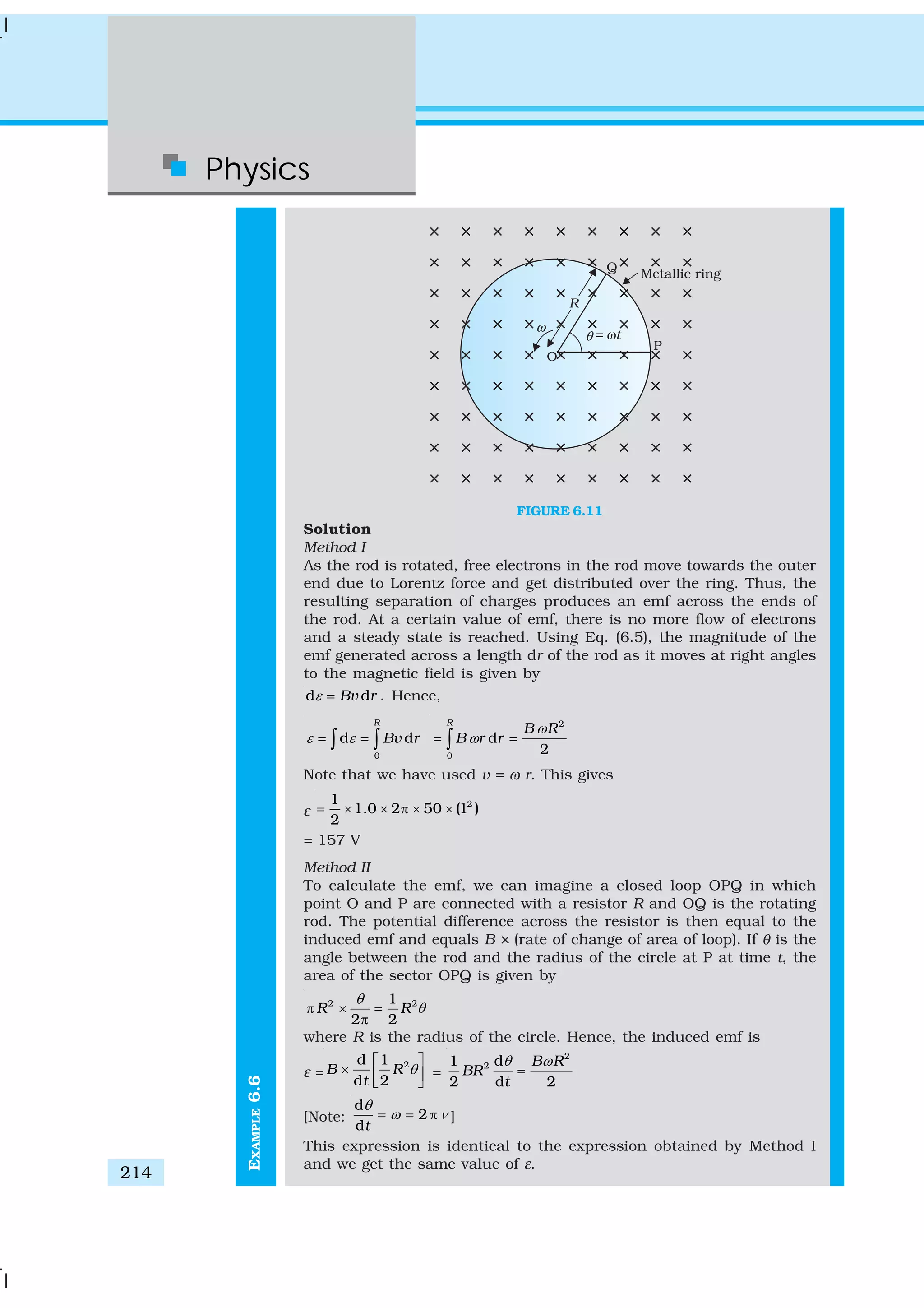 Physics
214
EXAMPLE6.6
FIGURE 6.11
Solution
Method I
As the rod is rotated, free electrons in the rod move towards the outer
end due to Lorentz force and get distributed over the ring. Thus, the
resulting separation of charges produces an emf across the ends of
the rod. At a certain value of emf, there is no more flow of electrons
and a steady state is reached. Using Eq. (6.5), the magnitude of the
emf generated across a length dr of the rod as it moves at right angles
to the magnetic field is given by
d dBv rε = . Hence,
0
d d
R
Bv rε ε= =∫ ∫
2
0
d
2
R
B R
B r r
ω
ω= =∫
Note that we have used v = ω r. This gives
ε
21
1.0 2 50 (1 )
2
= × × π × ×
= 157 V
Method II
To calculate the emf, we can imagine a closed loop OPQ in which
point O and P are connected with a resistor R and OQ is the rotating
rod. The potential difference across the resistor is then equal to the
induced emf and equals B × (rate of change of area of loop). If θ is the
angle between the rod and the radius of the circle at P at time t, the
area of the sector OPQ is given by
2 21
2 2
R R
θ
θπ × =
π
where R is the radius of the circle. Hence, the induced emf is
ε =
2d 1
d 2
B R
t
θ
⎡ ⎤
× ⎢ ⎥⎣ ⎦
=
2
21 d
2 d 2
B R
BR
t
θ ω
=
[Note:
d
2
dt
θ
ω ν= = π ]
This expression is identical to the expression obtained by Method I
and we get the same value of ε.
 