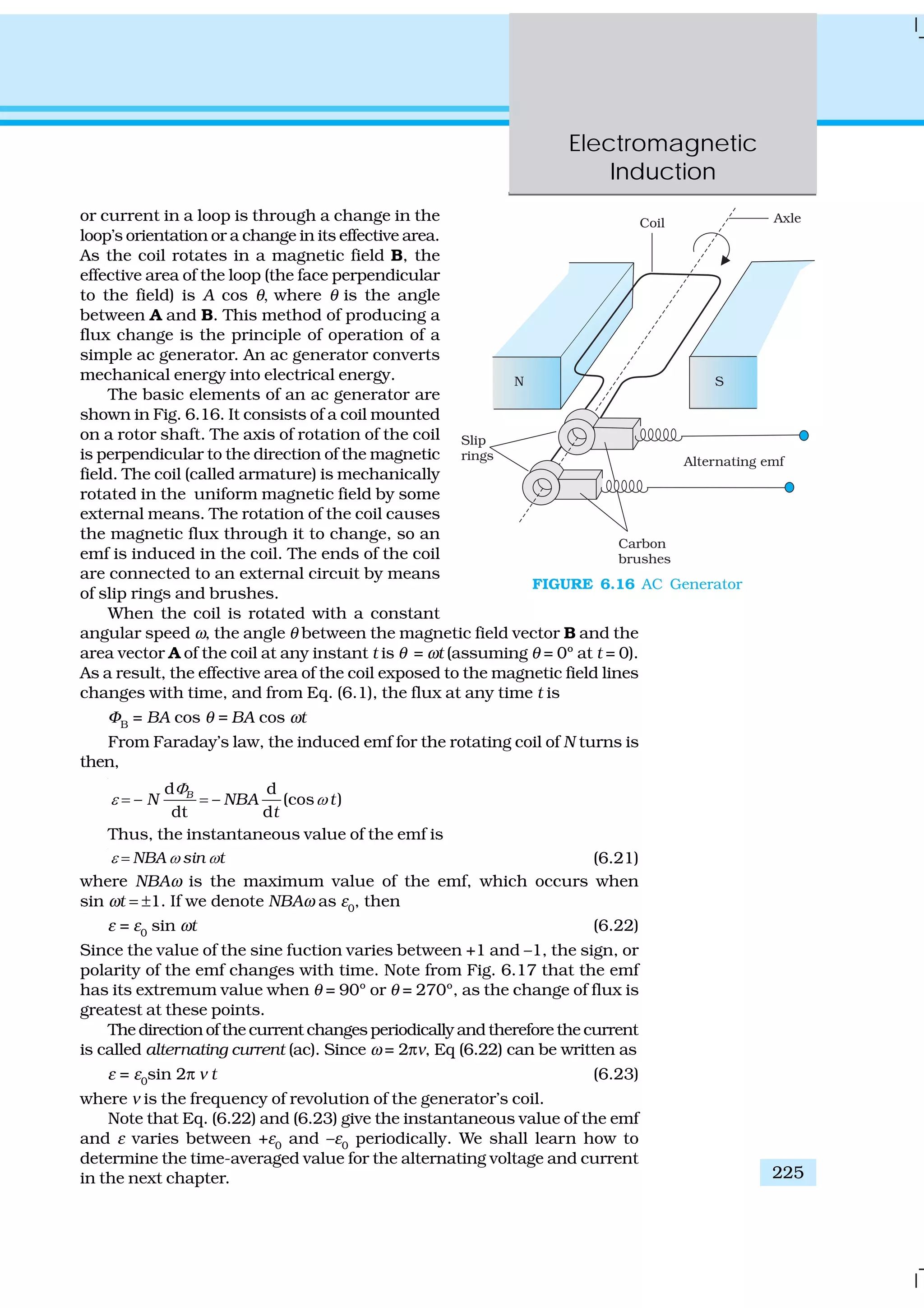 Electromagnetic
Induction
225
or current in a loop is through a change in the
loop’s orientation or a change in its effective area.
As the coil rotates in a magnetic field B, the
effective area of the loop (the face perpendicular
to the field) is A cos θ, where θ is the angle
between A and B. This method of producing a
flux change is the principle of operation of a
simple ac generator. An ac generator converts
mechanical energy into electrical energy.
The basic elements of an ac generator are
shown in Fig. 6.16. It consists of a coil mounted
on a rotor shaft. The axis of rotation of the coil
is perpendicular to the direction of the magnetic
field. The coil (called armature) is mechanically
rotated in the uniform magnetic field by some
external means. The rotation of the coil causes
the magnetic flux through it to change, so an
emf is induced in the coil. The ends of the coil
are connected to an external circuit by means
of slip rings and brushes.
When the coil is rotated with a constant
angular speed ω, the angle θ between the magnetic field vector B and the
area vector A of the coil at any instant t is θ = ωt (assuming θ = 0º at t = 0).
As a result, the effective area of the coil exposed to the magnetic field lines
changes with time, and from Eq. (6.1), the flux at any time t is
ΦB
= BA cos θ = BA cos ωt
From Faraday’s law, the induced emf for the rotating coil of N turns is
then,
d d
– – (cos )
dt d
B
N NBA t
t
Φ
ε ω= =
Thus, the instantaneous value of the emf is
ε ω ω= NBA sin t (6.21)
where NBAω is the maximum value of the emf, which occurs when
sin ωt = ±1. If we denote NBAω as ε0
, then
ε = ε0
sin ωt (6.22)
Since the value of the sine fuction varies between +1 and –1, the sign, or
polarity of the emf changes with time. Note from Fig. 6.17 that the emf
has its extremum value when θ = 90º or θ = 270º, as the change of flux is
greatest at these points.
The direction of the current changes periodically and therefore the current
is called alternating current (ac). Since ω = 2πν, Eq (6.22) can be written as
ε = ε0
sin 2π ν t (6.23)
where ν is the frequency of revolution of the generator’s coil.
Note that Eq. (6.22) and (6.23) give the instantaneous value of the emf
and ε varies between +ε0
and –ε0
periodically. We shall learn how to
determine the time-averaged value for the alternating voltage and current
in the next chapter.
FIGURE 6.16 AC Generator
 