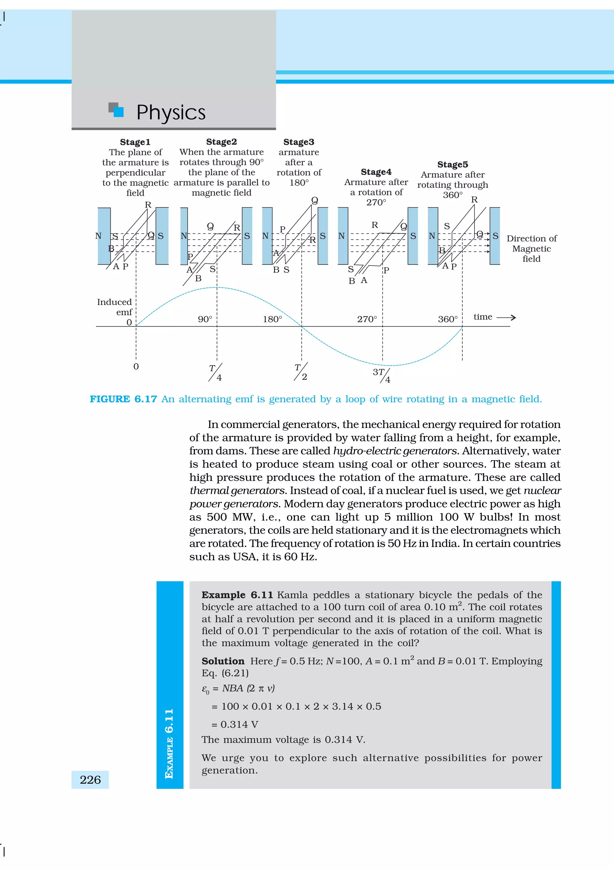 Physics
226
EXAMPLE6.11
In commercial generators, the mechanical energy required for rotation
of the armature is provided by water falling from a height, for example,
from dams. These are called hydro-electric generators. Alternatively, water
is heated to produce steam using coal or other sources. The steam at
high pressure produces the rotation of the armature. These are called
thermal generators. Instead of coal, if a nuclear fuel is used, we get nuclear
power generators. Modern day generators produce electric power as high
as 500 MW, i.e., one can light up 5 million 100 W bulbs! In most
generators, the coils are held stationary and it is the electromagnets which
are rotated. The frequency of rotation is 50 Hz in India. In certain countries
such as USA, it is 60 Hz.
Example 6.11 Kamla peddles a stationary bicycle the pedals of the
bicycle are attached to a 100 turn coil of area 0.10 m2
. The coil rotates
at half a revolution per second and it is placed in a uniform magnetic
field of 0.01 T perpendicular to the axis of rotation of the coil. What is
the maximum voltage generated in the coil?
Solution Here f = 0.5 Hz; N =100, A = 0.1 m2
and B = 0.01 T. Employing
Eq. (6.21)
ε0
= NBA (2 π ν)
= 100 × 0.01 × 0.1 × 2 × 3.14 × 0.5
= 0.314 V
The maximum voltage is 0.314 V.
We urge you to explore such alternative possibilities for power
generation.
FIGURE 6.17 An alternating emf is generated by a loop of wire rotating in a magnetic field.
 