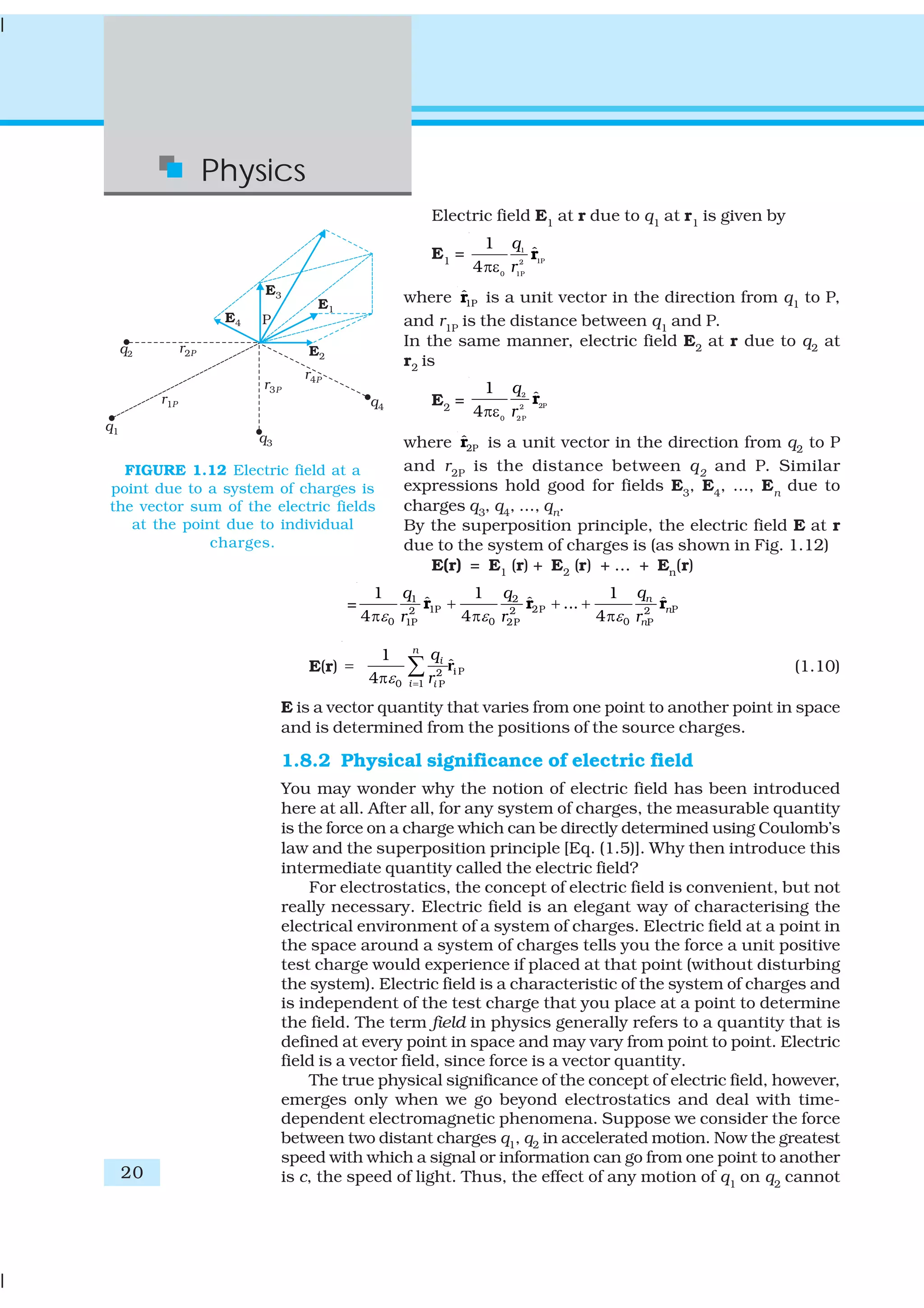 20
Physics
Electric field E1
at r due to q1
at r1
is given by
E1
= 1
1P2
0 1P
1
ˆ
4
q
rπε
r
where 1P
ˆr is a unit vector in the direction from q1 to P,
and r1P
is the distance between q1
and P.
In the same manner, electric field E2 at r due to q2 at
r2 is
E2
=
2
2P2
0 2P
1
ˆ
4
q
rπε
r
where 2P
ˆr is a unit vector in the direction from q2 to P
and r2P
is the distance between q2
and P. Similar
expressions hold good for fields E3
, E4
, ..., En
due to
charges q3, q4, ..., qn.
By the superposition principle, the electric field E at r
due to the system of charges is (as shown in Fig. 1.12)
E(r) = E1 (r) + E2 (r) + … + En(r)
= 1 2
1P 2P P2 2 2
0 0 01P 2P P
1 1 1
ˆ ˆ ˆ...
4 4 4
n
n
n
qq q
r r rε ε ε
+ + +
π π π
r r r
E(r) i P2
10 P
1
ˆ
4
n
i
i i
q
rε =
=
π
∑ r (1.10)
E is a vector quantity that varies from one point to another point in space
and is determined from the positions of the source charges.
1.8.2 Physical significance of electric field
You may wonder why the notion of electric field has been introduced
here at all. After all, for any system of charges, the measurable quantity
is the force on a charge which can be directly determined using Coulomb’s
law and the superposition principle [Eq. (1.5)]. Why then introduce this
intermediate quantity called the electric field?
For electrostatics, the concept of electric field is convenient, but not
really necessary. Electric field is an elegant way of characterising the
electrical environment of a system of charges. Electric field at a point in
the space around a system of charges tells you the force a unit positive
test charge would experience if placed at that point (without disturbing
the system). Electric field is a characteristic of the system of charges and
is independent of the test charge that you place at a point to determine
the field. The term field in physics generally refers to a quantity that is
defined at every point in space and may vary from point to point. Electric
field is a vector field, since force is a vector quantity.
The true physical significance of the concept of electric field, however,
emerges only when we go beyond electrostatics and deal with time-
dependent electromagnetic phenomena. Suppose we consider the force
between two distant charges q1, q2 in accelerated motion. Now the greatest
speed with which a signal or information can go from one point to another
is c, the speed of light. Thus, the effect of any motion of q1
on q2
cannot
FIGURE 1.12 Electric field at a
point due to a system of charges is
the vector sum of the electric fields
at the point due to individual
charges.
 