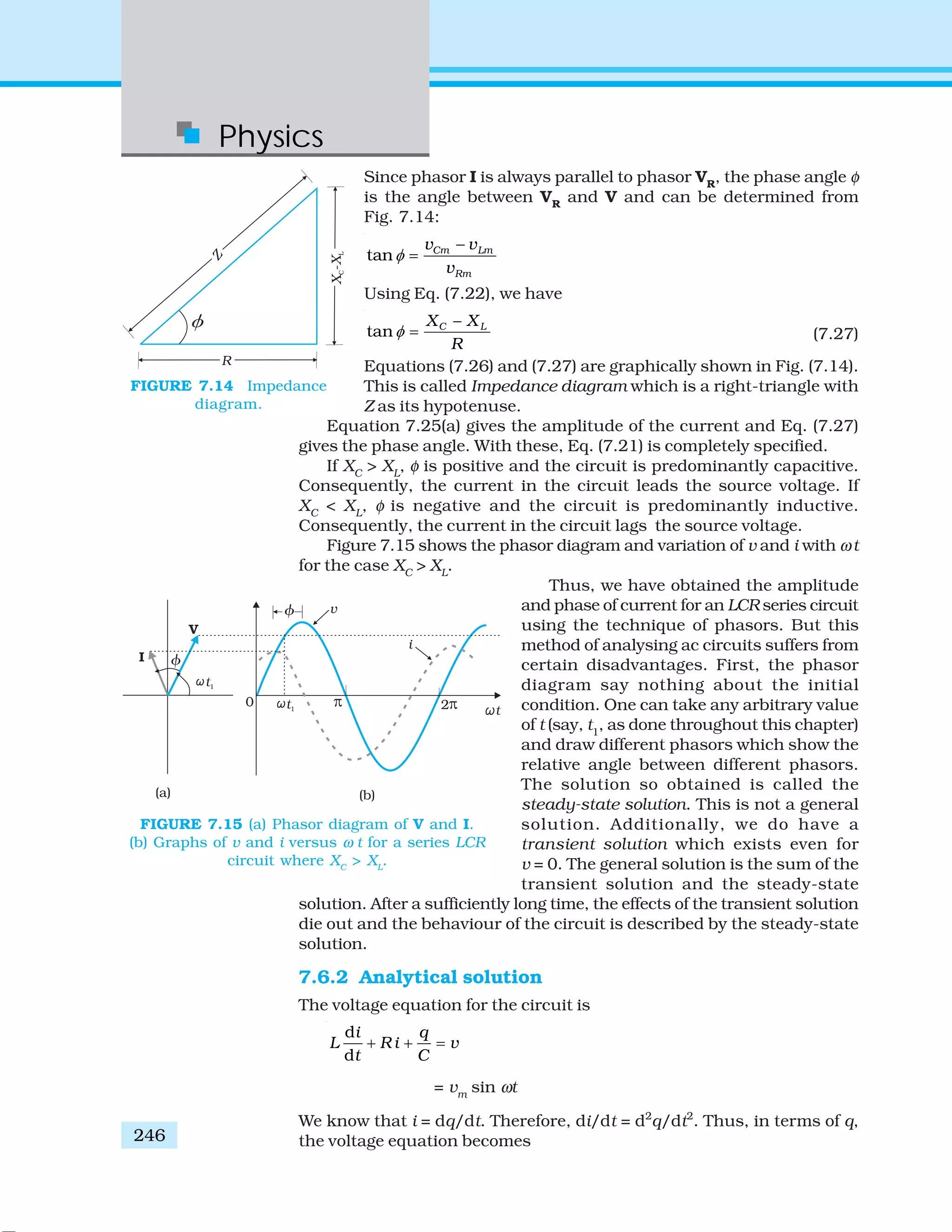 Physics
246
Since phasor I is always parallel to phasor VR
, the phase angle φ
is the angle between VR
and V and can be determined from
Fig. 7.14:
tan Cm Lm
Rm
v v
v
φ
−
=
Using Eq. (7.22), we have
tan C LX X
R
φ
−
= (7.27)
Equations (7.26) and (7.27) are graphically shown in Fig. (7.14).
This is called Impedance diagram which is a right-triangle with
Z as its hypotenuse.
Equation 7.25(a) gives the amplitude of the current and Eq. (7.27)
gives the phase angle. With these, Eq. (7.21) is completely specified.
If XC
> XL
, φ is positive and the circuit is predominantly capacitive.
Consequently, the current in the circuit leads the source voltage. If
XC
< XL
, φ is negative and the circuit is predominantly inductive.
Consequently, the current in the circuit lags the source voltage.
Figure 7.15 shows the phasor diagram and variation of v and i with ωt
for the case XC
> XL
.
Thus, we have obtained the amplitude
and phase of current for an LCR series circuit
using the technique of phasors. But this
method of analysing ac circuits suffers from
certain disadvantages. First, the phasor
diagram say nothing about the initial
condition. One can take any arbitrary value
of t (say, t1
, as done throughout this chapter)
and draw different phasors which show the
relative angle between different phasors.
The solution so obtained is called the
steady-state solution. This is not a general
solution. Additionally, we do have a
transient solution which exists even for
v = 0. The general solution is the sum of the
transient solution and the steady-state
solution. After a sufficiently long time, the effects of the transient solution
die out and the behaviour of the circuit is described by the steady-state
solution.
7.6.2 Analytical solution
The voltage equation for the circuit is
d
d
i q
L R i v
t C
+ + =
= vm
sin ωt
We know that i = dq/dt. Therefore, di/dt = d2
q/dt2
. Thus, in terms of q,
the voltage equation becomes
FIGURE 7.14 Impedance
diagram.
FIGURE 7.15 (a) Phasor diagram of V and I.
(b) Graphs of v and i versus ω t for a series LCR
circuit where XC
> XL
.
 