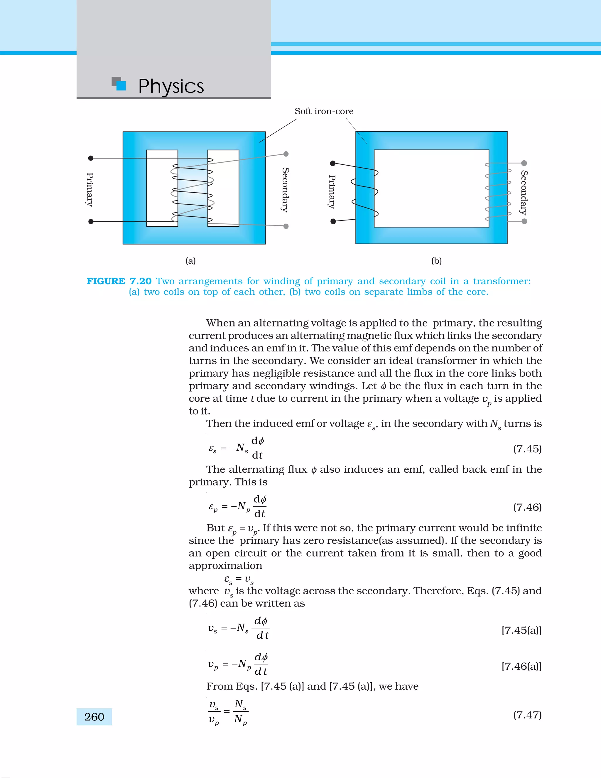 Physics
260
When an alternating voltage is applied to the primary, the resulting
current produces an alternating magnetic flux which links the secondary
and induces an emf in it. The value of this emf depends on the number of
turns in the secondary. We consider an ideal transformer in which the
primary has negligible resistance and all the flux in the core links both
primary and secondary windings. Let φ be the flux in each turn in the
core at time t due to current in the primary when a voltage vp
is applied
to it.
Then the induced emf or voltage εs
, in the secondary with Ns
turns is
d
d
s sN
t
φ
ε = − (7.45)
The alternating flux φ also induces an emf, called back emf in the
primary. This is
d
d
p pN
t
φ
ε = − (7.46)
But εp
= vp
. If this were not so, the primary current would be infinite
since the primary has zero resistance(as assumed). If the secondary is
an open circuit or the current taken from it is small, then to a good
approximation
εs
= vs
where vs
is the voltage across the secondary. Therefore, Eqs. (7.45) and
(7.46) can be written as
s s
d
v N
d t
φ
= − [7.45(a)]
p p
d
v N
d t
φ
= − [7.46(a)]
From Eqs. [7.45 (a)] and [7.45 (a)], we have
s s
p p
v N
v N
= (7.47)
FIGURE 7.20 Two arrangements for winding of primary and secondary coil in a transformer:
(a) two coils on top of each other, (b) two coils on separate limbs of the core.
 