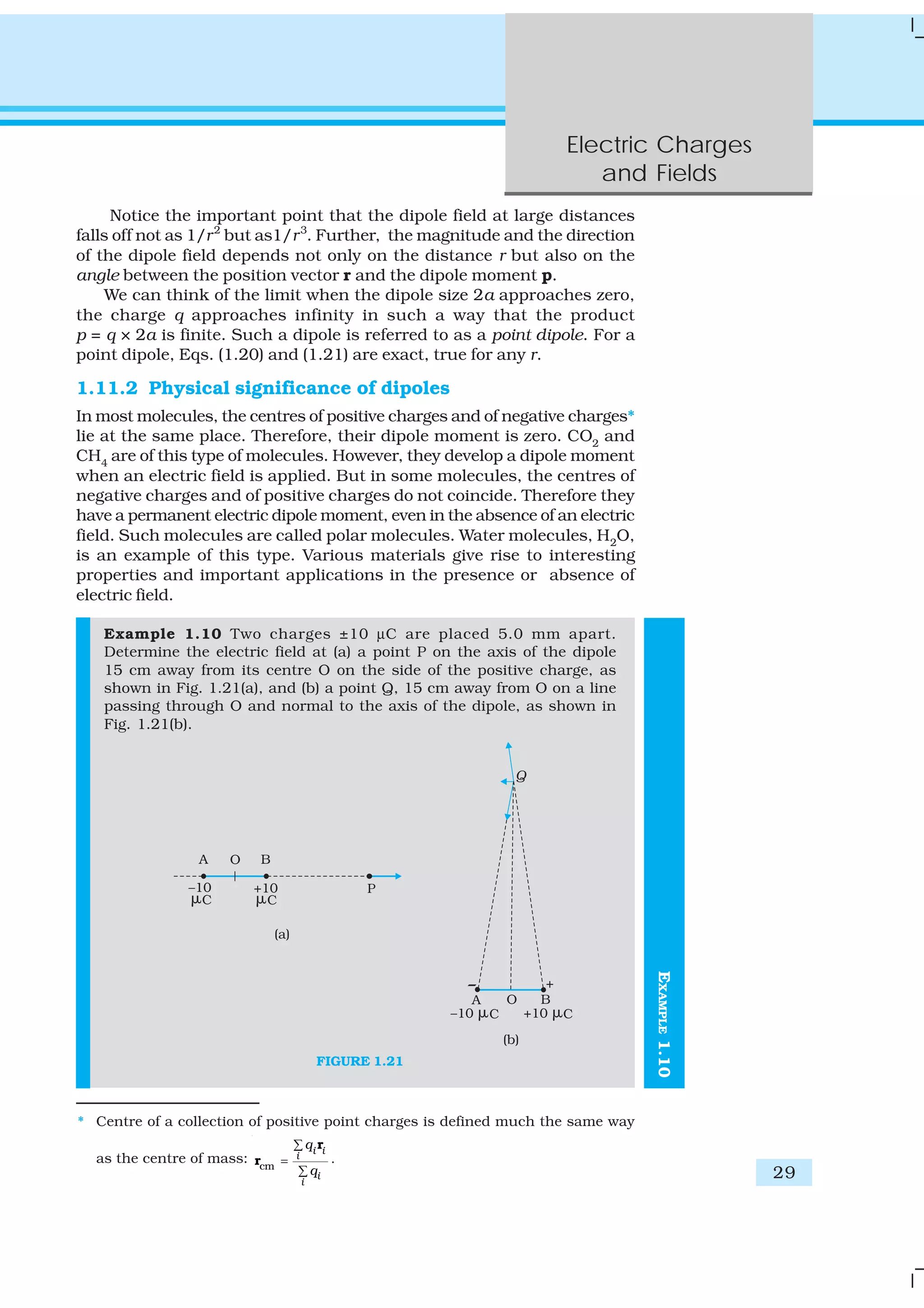 Electric Charges
and Fields
29
EXAMPLE1.10
Notice the important point that the dipole field at large distances
falls off not as 1/r2
but as1/r3
. Further, the magnitude and the direction
of the dipole field depends not only on the distance r but also on the
angle between the position vector r and the dipole moment p.
We can think of the limit when the dipole size 2a approaches zero,
the charge q approaches infinity in such a way that the product
p = q × 2a is finite. Such a dipole is referred to as a point dipole. For a
point dipole, Eqs. (1.20) and (1.21) are exact, true for any r.
1.11.2 Physical significance of dipoles
In most molecules, the centres of positive charges and of negative charges*
lie at the same place. Therefore, their dipole moment is zero. CO2
and
CH4
are of this type of molecules. However, they develop a dipole moment
when an electric field is applied. But in some molecules, the centres of
negative charges and of positive charges do not coincide. Therefore they
have a permanent electric dipole moment, even in the absence of an electric
field. Such molecules are called polar molecules. Water molecules, H2O,
is an example of this type. Various materials give rise to interesting
properties and important applications in the presence or absence of
electric field.
Example 1.10 Two charges ±10 μC are placed 5.0 mm apart.
Determine the electric field at (a) a point P on the axis of the dipole
15 cm away from its centre O on the side of the positive charge, as
shown in Fig. 1.21(a), and (b) a point Q, 15 cm away from O on a line
passing through O and normal to the axis of the dipole, as shown in
Fig. 1.21(b).
FIGURE 1.21
* Centre of a collection of positive point charges is defined much the same way
as the centre of mass: cm
i ii
i
i
q
q
∑
=
∑
r
r .
 
