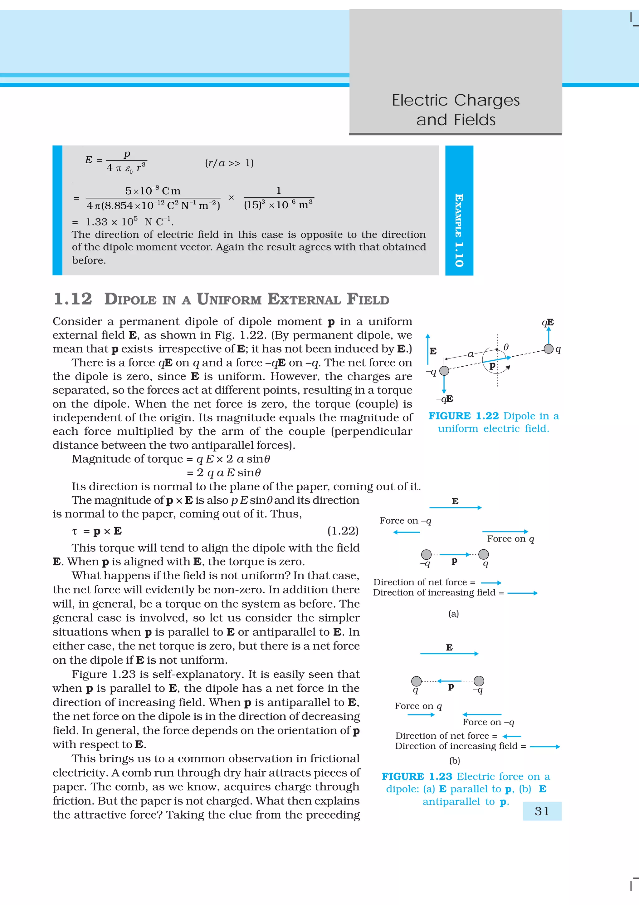 Electric Charges
and Fields
31
EXAMPLE1.10
3
4
p
E
rε0
=
π (r/a >> 1)
8
12 2 –1 –2
5 10 Cm
4 (8.854 10 C N m )
−
−
×
=
π ×
3 6 3
1
(15) 10 m−
×
×
= 1.33 × 105
N C–1
.
The direction of electric field in this case is opposite to the direction
of the dipole moment vector. Again the result agrees with that obtained
before.
1.12 DIPOLE IN A UNIFORM EXTERNAL FIELD
Consider a permanent dipole of dipole moment p in a uniform
external field E, as shown in Fig. 1.22. (By permanent dipole, we
mean that p exists irrespective of E; it has not been induced by E.)
There is a force qE on q and a force –qE on –q. The net force on
the dipole is zero, since E is uniform. However, the charges are
separated, so the forces act at different points, resulting in a torque
on the dipole. When the net force is zero, the torque (couple) is
independent of the origin. Its magnitude equals the magnitude of
each force multiplied by the arm of the couple (perpendicular
distance between the two antiparallel forces).
Magnitude of torque = q E × 2 a sinθ
= 2 q a E sinθ
Its direction is normal to the plane of the paper, coming out of it.
The magnitude of p × E is also p E sinθ and its direction
is normal to the paper, coming out of it. Thus,
τ = p × E (1.22)
This torque will tend to align the dipole with the field
E. When p is aligned with E, the torque is zero.
What happens if the field is not uniform? In that case,
the net force will evidently be non-zero. In addition there
will, in general, be a torque on the system as before. The
general case is involved, so let us consider the simpler
situations when p is parallel to E or antiparallel to E. In
either case, the net torque is zero, but there is a net force
on the dipole if E is not uniform.
Figure 1.23 is self-explanatory. It is easily seen that
when p is parallel to E, the dipole has a net force in the
direction of increasing field. When p is antiparallel to E,
the net force on the dipole is in the direction of decreasing
field. In general, the force depends on the orientation of p
with respect to E.
This brings us to a common observation in frictional
electricity. A comb run through dry hair attracts pieces of
paper. The comb, as we know, acquires charge through
friction. But the paper is not charged. What then explains
the attractive force? Taking the clue from the preceding
FIGURE 1.22 Dipole in a
uniform electric field.
FIGURE 1.23 Electric force on a
dipole: (a) E parallel to p, (b) E
antiparallel to p.
 
