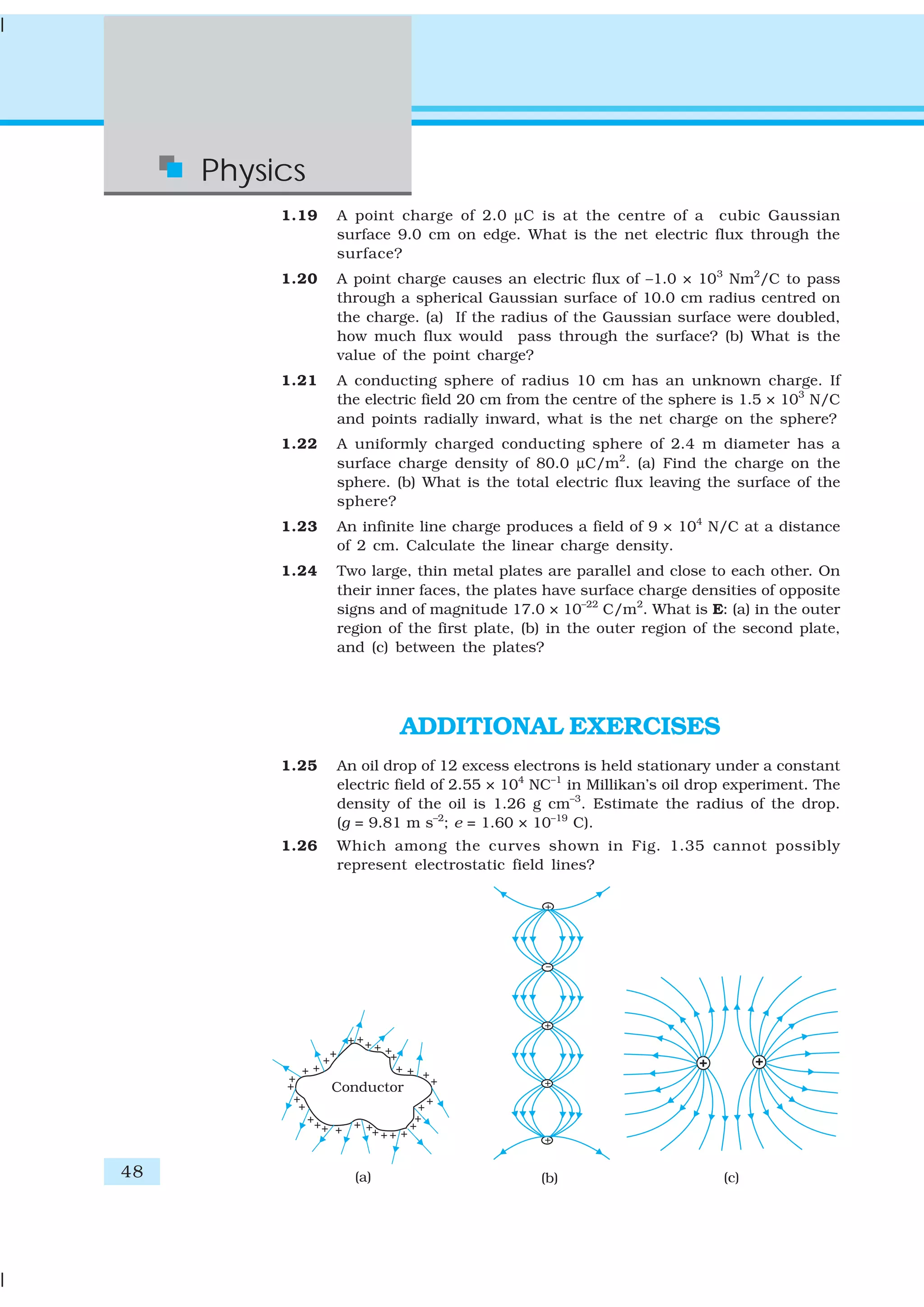 48
Physics
1.19 A point charge of 2.0 μC is at the centre of a cubic Gaussian
surface 9.0 cm on edge. What is the net electric flux through the
surface?
1.20 A point charge causes an electric flux of –1.0 × 103
Nm2
/C to pass
through a spherical Gaussian surface of 10.0 cm radius centred on
the charge. (a) If the radius of the Gaussian surface were doubled,
how much flux would pass through the surface? (b) What is the
value of the point charge?
1.21 A conducting sphere of radius 10 cm has an unknown charge. If
the electric field 20 cm from the centre of the sphere is 1.5 × 103
N/C
and points radially inward, what is the net charge on the sphere?
1.22 A uniformly charged conducting sphere of 2.4 m diameter has a
surface charge density of 80.0 μC/m2
. (a) Find the charge on the
sphere. (b) What is the total electric flux leaving the surface of the
sphere?
1.23 An infinite line charge produces a field of 9 × 104
N/C at a distance
of 2 cm. Calculate the linear charge density.
1.24 Two large, thin metal plates are parallel and close to each other. On
their inner faces, the plates have surface charge densities of opposite
signs and of magnitude 17.0 × 10–22
C/m2
. What is E: (a) in the outer
region of the first plate, (b) in the outer region of the second plate,
and (c) between the plates?
ADDITIONAL EXERCISES
1.25 An oil drop of 12 excess electrons is held stationary under a constant
electric field of 2.55 × 104
NC–1
in Millikan’s oil drop experiment. The
density of the oil is 1.26 g cm–3
. Estimate the radius of the drop.
(g = 9.81 m s–2
; e = 1.60 × 10–19
C).
1.26 Which among the curves shown in Fig. 1.35 cannot possibly
represent electrostatic field lines?
 