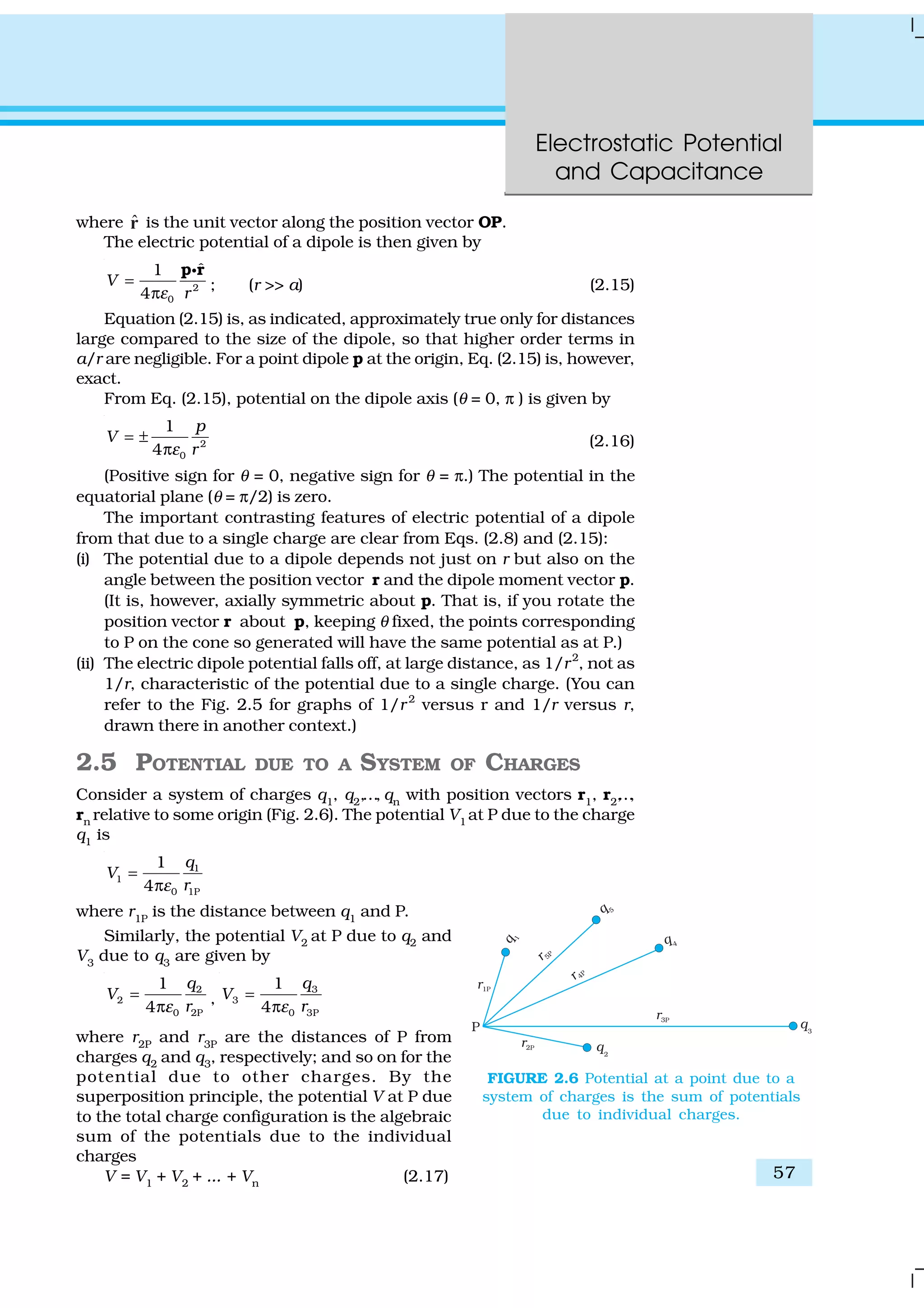 Electrostatic Potential
and Capacitance
57
where ˆr is the unit vector along the position vector OP.
The electric potential of a dipole is then given by
2
0
ˆ1
4
V
rε
=
π
p rC
; (r >> a) (2.15)
Equation (2.15) is, as indicated, approximately true only for distances
large compared to the size of the dipole, so that higher order terms in
a/r are negligible. For a point dipole p at the origin, Eq. (2.15) is, however,
exact.
From Eq. (2.15), potential on the dipole axis (θ = 0, π ) is given by
2
0
1
4
p
V
rε
= ±
π
(2.16)
(Positive sign for θ = 0, negative sign for θ = π.) The potential in the
equatorial plane (θ = π/2) is zero.
The important contrasting features of electric potential of a dipole
from that due to a single charge are clear from Eqs. (2.8) and (2.15):
(i) The potential due to a dipole depends not just on r but also on the
angle between the position vector r and the dipole moment vector p.
(It is, however, axially symmetric about p. That is, if you rotate the
position vector r about p, keeping θ fixed, the points corresponding
to P on the cone so generated will have the same potential as at P.)
(ii) The electric dipole potential falls off, at large distance, as 1/r2
, not as
1/r, characteristic of the potential due to a single charge. (You can
refer to the Fig. 2.5 for graphs of 1/r2
versus r and 1/r versus r,
drawn there in another context.)
2.5 POTENTIAL DUE TO A SYSTEM OF CHARGES
Consider a system of charges q1
, q2
,…, qn
with position vectors r1
, r2
,…,
rn relative to some origin (Fig. 2.6). The potential V1 at P due to the charge
q1
is
1
1
0 1P
1
4
q
V
rε
=
π
where r1P
is the distance between q1
and P.
Similarly, the potential V2 at P due to q2 and
V3
due to q3
are given by
2
2
0 2P
1
4
q
V
rε
=
π
,
3
3
0 3P
1
4
q
V
rε
=
π
where r2P
and r3P
are the distances of P from
charges q2 and q3, respectively; and so on for the
potential due to other charges. By the
superposition principle, the potential V at P due
to the total charge configuration is the algebraic
sum of the potentials due to the individual
charges
V = V1 + V2 + ... + Vn (2.17)
FIGURE 2.6 Potential at a point due to a
system of charges is the sum of potentials
due to individual charges.
 