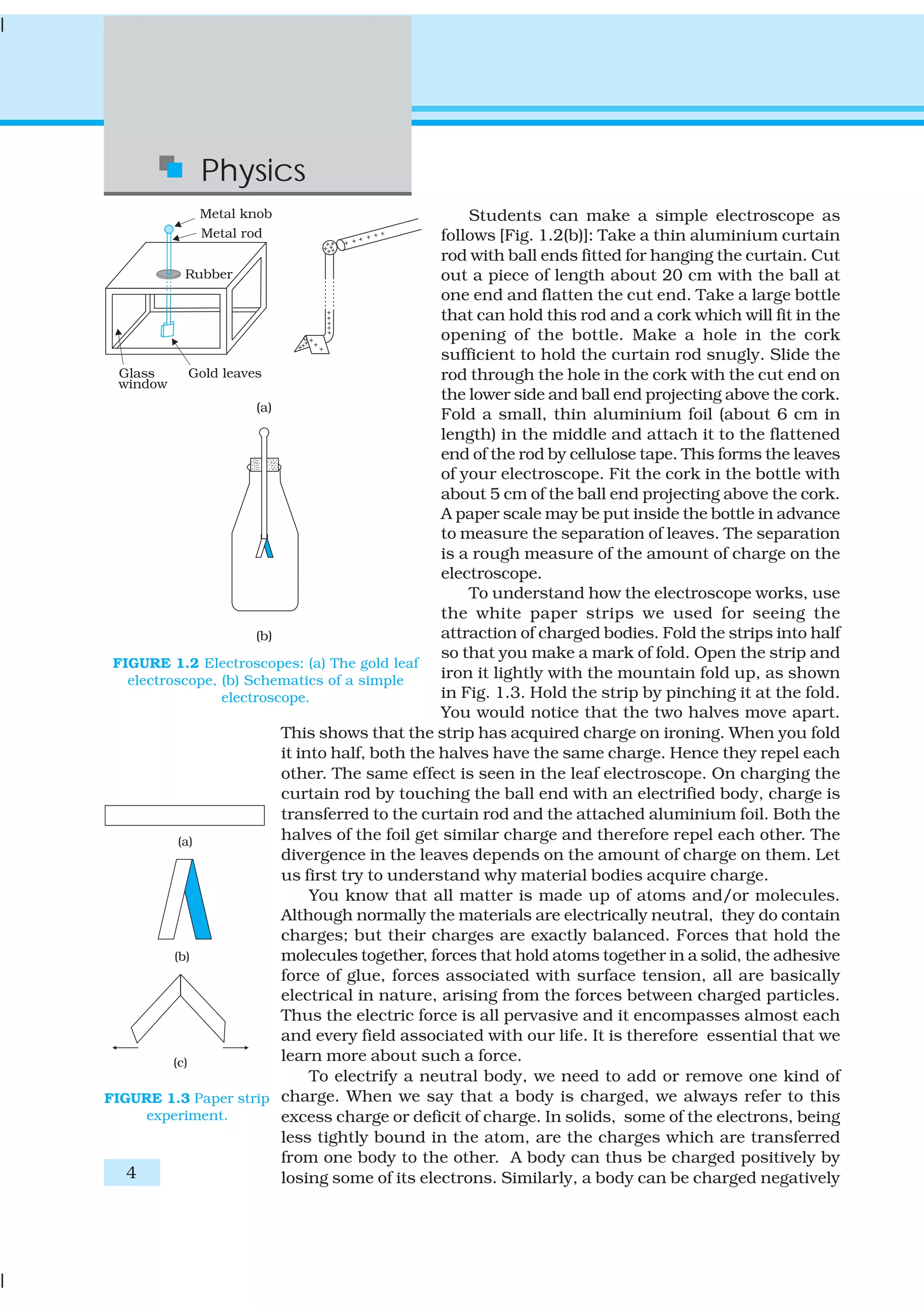 4
Physics
Students can make a simple electroscope as
follows [Fig. 1.2(b)]: Take a thin aluminium curtain
rod with ball ends fitted for hanging the curtain. Cut
out a piece of length about 20 cm with the ball at
one end and flatten the cut end. Take a large bottle
that can hold this rod and a cork which will fit in the
opening of the bottle. Make a hole in the cork
sufficient to hold the curtain rod snugly. Slide the
rod through the hole in the cork with the cut end on
the lower side and ball end projecting above the cork.
Fold a small, thin aluminium foil (about 6 cm in
length) in the middle and attach it to the flattened
end of the rod by cellulose tape. This forms the leaves
of your electroscope. Fit the cork in the bottle with
about 5 cm of the ball end projecting above the cork.
A paper scale may be put inside the bottle in advance
to measure the separation of leaves. The separation
is a rough measure of the amount of charge on the
electroscope.
To understand how the electroscope works, use
the white paper strips we used for seeing the
attraction of charged bodies. Fold the strips into half
so that you make a mark of fold. Open the strip and
iron it lightly with the mountain fold up, as shown
in Fig. 1.3. Hold the strip by pinching it at the fold.
You would notice that the two halves move apart.
This shows that the strip has acquired charge on ironing. When you fold
it into half, both the halves have the same charge. Hence they repel each
other. The same effect is seen in the leaf electroscope. On charging the
curtain rod by touching the ball end with an electrified body, charge is
transferred to the curtain rod and the attached aluminium foil. Both the
halves of the foil get similar charge and therefore repel each other. The
divergence in the leaves depends on the amount of charge on them. Let
us first try to understand why material bodies acquire charge.
You know that all matter is made up of atoms and/or molecules.
Although normally the materials are electrically neutral, they do contain
charges; but their charges are exactly balanced. Forces that hold the
molecules together, forces that hold atoms together in a solid, the adhesive
force of glue, forces associated with surface tension, all are basically
electrical in nature, arising from the forces between charged particles.
Thus the electric force is all pervasive and it encompasses almost each
and every field associated with our life. It is therefore essential that we
learn more about such a force.
To electrify a neutral body, we need to add or remove one kind of
charge. When we say that a body is charged, we always refer to this
excess charge or deficit of charge. In solids, some of the electrons, being
less tightly bound in the atom, are the charges which are transferred
from one body to the other. A body can thus be charged positively by
losing some of its electrons. Similarly, a body can be charged negatively
FIGURE 1.2 Electroscopes: (a) The gold leaf
electroscope, (b) Schematics of a simple
electroscope.
FIGURE 1.3 Paper strip
experiment.
 