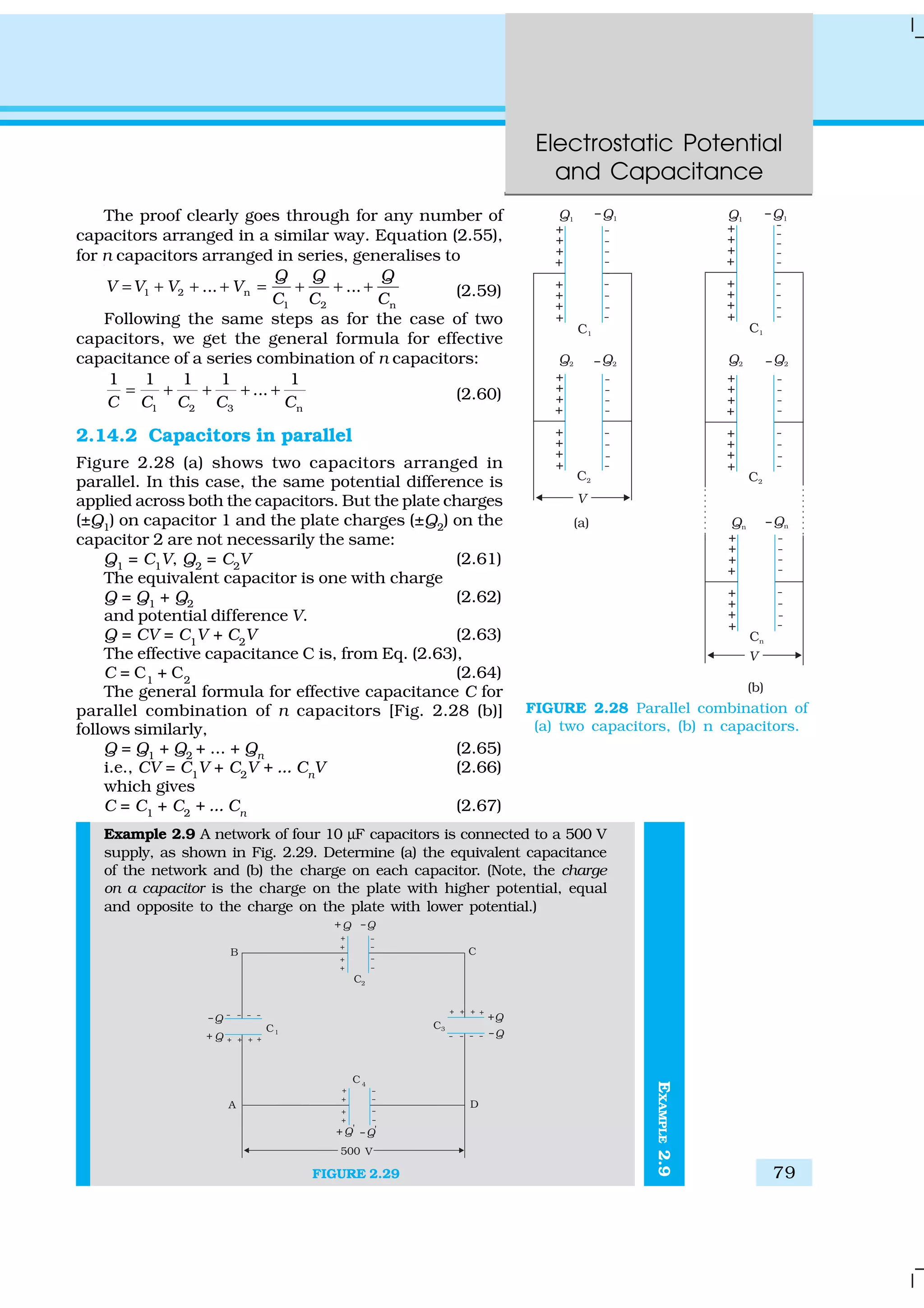 Electrostatic Potential
and Capacitance
79
EXAMPLE2.9
The proof clearly goes through for any number of
capacitors arranged in a similar way. Equation (2.55),
for n capacitors arranged in series, generalises to
1 2 n
1 2 n
... ...
Q Q Q
V V V V
C C C
= + + + = + + + (2.59)
Following the same steps as for the case of two
capacitors, we get the general formula for effective
capacitance of a series combination of n capacitors:
1 2 3 n
1 1 1 1 1
...
C C C C C
= + + + + (2.60)
2.14.2 Capacitors in parallel
Figure 2.28 (a) shows two capacitors arranged in
parallel. In this case, the same potential difference is
applied across both the capacitors. But the plate charges
(±Q1) on capacitor 1 and the plate charges (±Q2) on the
capacitor 2 are not necessarily the same:
Q1
= C1
V, Q2
= C2
V (2.61)
The equivalent capacitor is one with charge
Q = Q1 + Q2 (2.62)
and potential difference V.
Q = CV = C1
V + C2
V (2.63)
The effective capacitance C is, from Eq. (2.63),
C = C1
+ C2
(2.64)
The general formula for effective capacitance C for
parallel combination of n capacitors [Fig. 2.28 (b)]
follows similarly,
Q = Q1
+ Q2
+ ... + Qn
(2.65)
i.e., CV = C1
V + C2
V + ... Cn
V (2.66)
which gives
C = C1
+ C2
+ ... Cn
(2.67)
Example 2.9 A network of four 10 µF capacitors is connected to a 500 V
supply, as shown in Fig. 2.29. Determine (a) the equivalent capacitance
of the network and (b) the charge on each capacitor. (Note, the charge
on a capacitor is the charge on the plate with higher potential, equal
and opposite to the charge on the plate with lower potential.)
FIGURE 2.28 Parallel combination of
(a) two capacitors, (b) n capacitors.
FIGURE 2.29
 