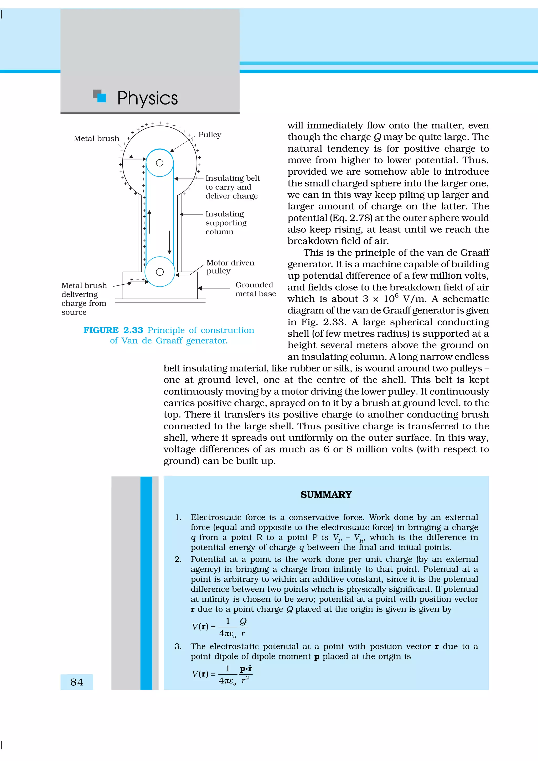 Physics
84
will immediately flow onto the matter, even
though the charge Q may be quite large. The
natural tendency is for positive charge to
move from higher to lower potential. Thus,
provided we are somehow able to introduce
the small charged sphere into the larger one,
we can in this way keep piling up larger and
larger amount of charge on the latter. The
potential (Eq. 2.78) at the outer sphere would
also keep rising, at least until we reach the
breakdown field of air.
This is the principle of the van de Graaff
generator. It is a machine capable of building
up potential difference of a few million volts,
and fields close to the breakdown field of air
which is about 3 × 106
V/m. A schematic
diagram of the van de Graaff generator is given
in Fig. 2.33. A large spherical conducting
shell (of few metres radius) is supported at a
height several meters above the ground on
an insulating column. A long narrow endless
belt insulating material, like rubber or silk, is wound around two pulleys –
one at ground level, one at the centre of the shell. This belt is kept
continuously moving by a motor driving the lower pulley. It continuously
carries positive charge, sprayed on to it by a brush at ground level, to the
top. There it transfers its positive charge to another conducting brush
connected to the large shell. Thus positive charge is transferred to the
shell, where it spreads out uniformly on the outer surface. In this way,
voltage differences of as much as 6 or 8 million volts (with respect to
ground) can be built up.
SUMMARY
1. Electrostatic force is a conservative force. Work done by an external
force (equal and opposite to the electrostatic force) in bringing a charge
q from a point R to a point P is VP – VR, which is the difference in
potential energy of charge q between the final and initial points.
2. Potential at a point is the work done per unit charge (by an external
agency) in bringing a charge from infinity to that point. Potential at a
point is arbitrary to within an additive constant, since it is the potential
difference between two points which is physically significant. If potential
at infinity is chosen to be zero; potential at a point with position vector
r due to a point charge Q placed at the origin is given is given by
1
( )
4 o
Q
V
rε
=
π
r
3. The electrostatic potential at a point with position vector r due to a
point dipole of dipole moment p placed at the origin is
2
ˆ1
( )
4 o
V
rε
=
π
p r
r
C
FIGURE 2.33 Principle of construction
of Van de Graaff generator.
 