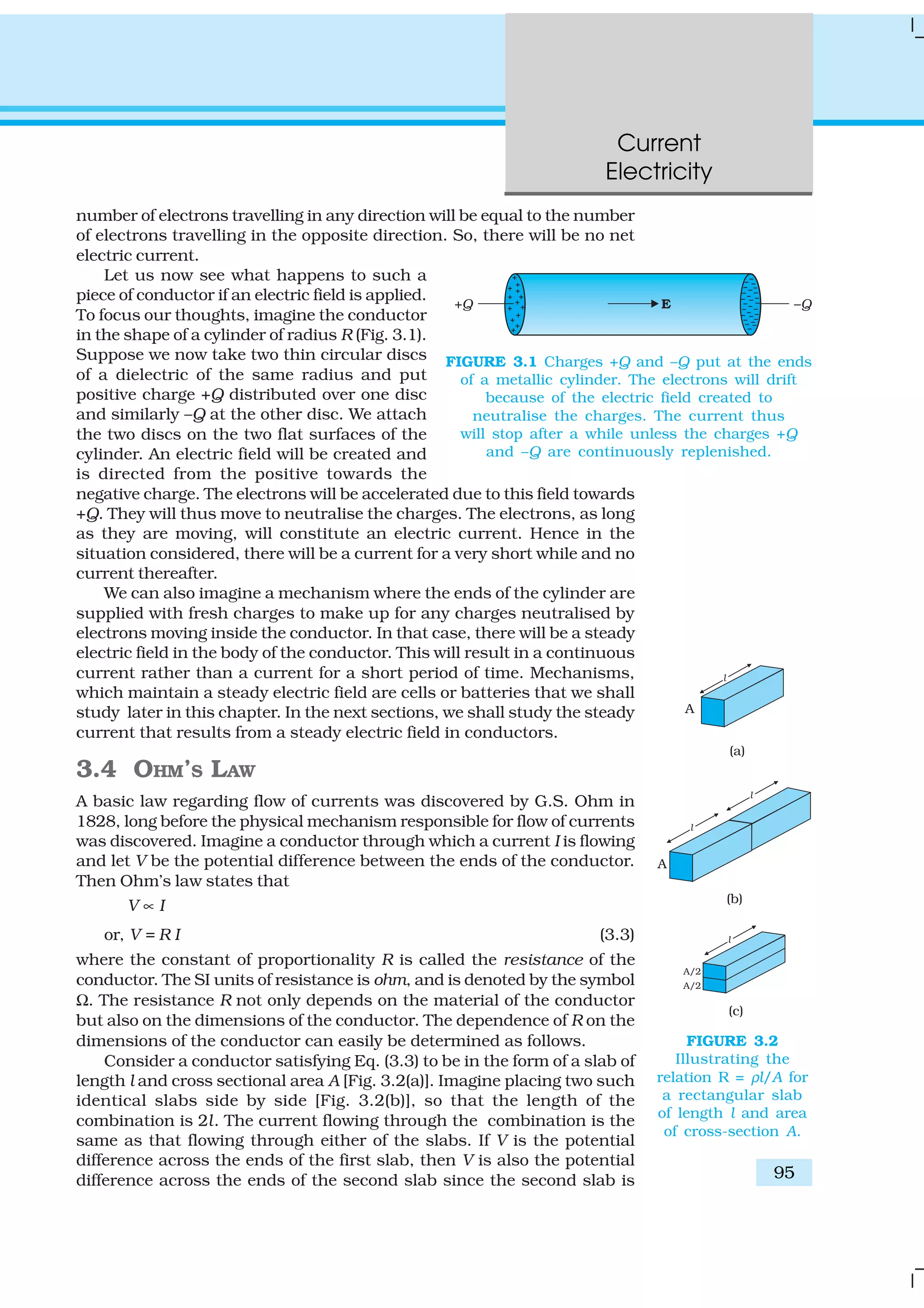 Current
Electricity
95
number of electrons travelling in any direction will be equal to the number
of electrons travelling in the opposite direction. So, there will be no net
electric current.
Let us now see what happens to such a
piece of conductor if an electric field is applied.
To focus our thoughts, imagine the conductor
in the shape of a cylinder of radius R (Fig. 3.1).
Suppose we now take two thin circular discs
of a dielectric of the same radius and put
positive charge +Q distributed over one disc
and similarly –Q at the other disc. We attach
the two discs on the two flat surfaces of the
cylinder. An electric field will be created and
is directed from the positive towards the
negative charge. The electrons will be accelerated due to this field towards
+Q. They will thus move to neutralise the charges. The electrons, as long
as they are moving, will constitute an electric current. Hence in the
situation considered, there will be a current for a very short while and no
current thereafter.
We can also imagine a mechanism where the ends of the cylinder are
supplied with fresh charges to make up for any charges neutralised by
electrons moving inside the conductor. In that case, there will be a steady
electric field in the body of the conductor. This will result in a continuous
current rather than a current for a short period of time. Mechanisms,
which maintain a steady electric field are cells or batteries that we shall
study later in this chapter. In the next sections, we shall study the steady
current that results from a steady electric field in conductors.
3.4 OHM’S LAW
A basic law regarding flow of currents was discovered by G.S. Ohm in
1828, long before the physical mechanism responsible for flow of currents
was discovered. Imagine a conductor through which a current I is flowing
and let V be the potential difference between the ends of the conductor.
Then Ohm’s law states that
V ∝ I
or, V = R I (3.3)
where the constant of proportionality R is called the resistance of the
conductor. The SI units of resistance is ohm, and is denoted by the symbol
Ω. The resistance R not only depends on the material of the conductor
but also on the dimensions of the conductor. The dependence of R on the
dimensions of the conductor can easily be determined as follows.
Consider a conductor satisfying Eq. (3.3) to be in the form of a slab of
length l and cross sectional area A [Fig. 3.2(a)]. Imagine placing two such
identical slabs side by side [Fig. 3.2(b)], so that the length of the
combination is 2l. The current flowing through the combination is the
same as that flowing through either of the slabs. If V is the potential
difference across the ends of the first slab, then V is also the potential
difference across the ends of the second slab since the second slab is
FIGURE 3.1 Charges +Q and –Q put at the ends
of a metallic cylinder. The electrons will drift
because of the electric field created to
neutralise the charges. The current thus
will stop after a while unless the charges +Q
and –Q are continuously replenished.
FIGURE 3.2
Illustrating the
relation R = ρl/A for
a rectangular slab
of length l and area
of cross-section A.
 