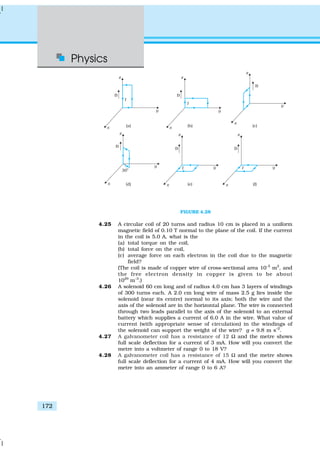 Physics
172
FIGURE 4.28
4.25 A circular coil of 20 turns and radius 10 cm is placed in a uniform
magnetic field of 0.10 T normal to the plane of the coil. If the current
in the coil is 5.0 A, what is the
(a) total torque on the coil,
(b) total force on the coil,
(c) average force on each electron in the coil due to the magnetic
field?
(The coil is made of copper wire of cross-sectional area 10–5
m2
, and
the free electron density in copper is given to be about
1029
m–3
.)
4.26 A solenoid 60 cm long and of radius 4.0 cm has 3 layers of windings
of 300 turns each. A 2.0 cm long wire of mass 2.5 g lies inside the
solenoid (near its centre) normal to its axis; both the wire and the
axis of the solenoid are in the horizontal plane. The wire is connected
through two leads parallel to the axis of the solenoid to an external
battery which supplies a current of 6.0 A in the wire. What value of
current (with appropriate sense of circulation) in the windings of
the solenoid can support the weight of the wire? g = 9.8 m s–2
.
4.27 A galvanometer coil has a resistance of 12 Ω and the metre shows
full scale deflection for a current of 3 mA. How will you convert the
metre into a voltmeter of range 0 to 18 V?
4.28 A galvanometer coil has a resistance of 15 Ω and the metre shows
full scale deflection for a current of 4 mA. How will you convert the
metre into an ammeter of range 0 to 6 A?
 