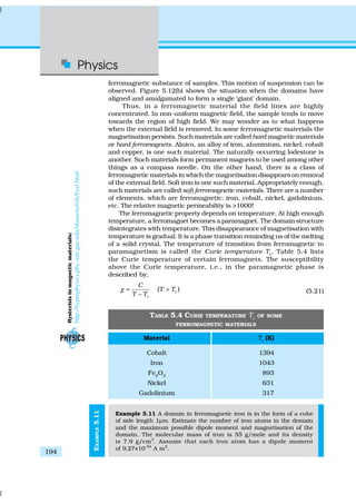 Physics
194
EXAMPLE5.11
ferromagnetic substance of samples. This motion of suspension can be
observed. Figure 5.12(b) shows the situation when the domains have
aligned and amalgamated to form a single ‘giant’ domain.
Thus, in a ferromagnetic material the field lines are highly
concentrated. In non-uniform magnetic field, the sample tends to move
towards the region of high field. We may wonder as to what happens
when the external field is removed. In some ferromagnetic materials the
magnetisation persists. Such materials are called hard magnetic materials
or hard ferromagnets. Alnico, an alloy of iron, aluminium, nickel, cobalt
and copper, is one such material. The naturally occurring lodestone is
another. Such materials form permanent magnets to be used among other
things as a compass needle. On the other hand, there is a class of
ferromagnetic materials in which the magnetisation disappears on removal
of the external field. Soft iron is one such material. Appropriately enough,
such materials are called soft ferromagnetic materials. There are a number
of elements, which are ferromagnetic: iron, cobalt, nickel, gadolinium,
etc. The relative magnetic permeability is >1000!
The ferromagnetic property depends on temperature. At high enough
temperature, a ferromagnet becomes a paramagnet. The domain structure
disintegrates with temperature. This disappearance of magnetisation with
temperature is gradual. It is a phase transition reminding us of the melting
of a solid crystal. The temperature of transition from ferromagnetic to
paramagnetism is called the Curie temperature Tc
. Table 5.4 lists
the Curie temperature of certain ferromagnets. The susceptibility
above the Curie temperature, i.e., in the paramagnetic phase is
described by,
( )c
c
C
T T
T T
χ = >
−
(5.21)
TABLE 5.4 CURIE TEMPERATURE TC
OF SOME
FERROMAGNETIC MATERIALS
Material Tc (K)
Cobalt 1394
Iron 1043
Fe2
O3
893
Nickel 631
Gadolinium 317
Example 5.11 A domain in ferromagnetic iron is in the form of a cube
of side length 1µm. Estimate the number of iron atoms in the domain
and the maximum possible dipole moment and magnetisation of the
domain. The molecular mass of iron is 55 g/mole and its density
is 7.9 g/cm3
. Assume that each iron atom has a dipole moment
of 9.27×10–24
A m2
.
Hysterisisinmagneticmaterials:
http://hyperphysics.phy-astr.gsu.edu/hbase/solids/hyst.html
 