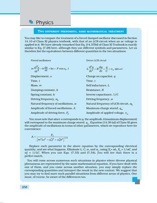 Physics
258
TWO DIFFERENT PHENOMENA, SAME MATHEMATICAL TREATMENT
You may like to compare the treatment of a forced damped oscillator discussed in Section
14.10 of Class XI physics textbook, with that of an LCR circuit when an ac voltage is
applied in it. We have already remarked that Eq. [14.37(b)] of Class XI Textbook is exactly
similar to Eq. (7.28) here, although they use different symbols and parameters. Let us
therefore list the equivalence between different quantities in the two situations:
Forced oscillations Driven LCR circuit
cos d
2d x dxm b kx F
2 dtdt
tω+ + =
2
2
d d
sin
dd
m
q q q
L R v t
t Ct
ω+ + =
Displacement, x Charge on capacitor, q
Time, t Time, t
Mass, m Self inductance, L
Damping constant, b Resistance, R
Spring constant, k Inverse capacitance, 1/C
Driving frequency, ωd
Driving frequency, ω
Natural frequency of oscillations, ω Natural frequency of LCR circuit, ω0
Amplitude of forced oscillations, A Maximum charge stored, qm
Amplitude of driving force, F0
Amplitude of applied voltage, vm
You must note that since x corresponds to q, the amplitude A (maximum displacement)
will correspond to the maximum charge stored, qm
. Equation [14.39 (a)] of Class XI gives
the amplitude of oscillations in terms of other parameters, which we reproduce here for
convenience:
{ }
0
1/22 2 2 2 2 2
( )d d
F
A
m bω ω ω
=
− +
Replace each parameter in the above equation by the corresponding electrical
quantity, and see what happens. Eliminate L, C, ω , and ω
0
, using XL
= ωL, XC
= 1/ωC, and
ω0
2
= 1/LC. When you use Eqs. (7.33) and (7.34), you will see that there is a
perfect match.
You will come across numerous such situations in physics where diverse physical
phenomena are represented by the same mathematical equation. If you have dealt with
one of them, and you come across another situation, you may simply replace the
corresponding quantities and interpret the result in the new context. We suggest that
you may try to find more such parallel situations from different areas of physics. One
must, of course, be aware of the differences too.
 
