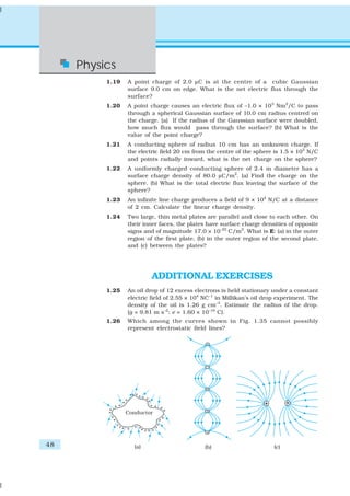 48
Physics
1.19 A point charge of 2.0 μC is at the centre of a cubic Gaussian
surface 9.0 cm on edge. What is the net electric flux through the
surface?
1.20 A point charge causes an electric flux of –1.0 × 103
Nm2
/C to pass
through a spherical Gaussian surface of 10.0 cm radius centred on
the charge. (a) If the radius of the Gaussian surface were doubled,
how much flux would pass through the surface? (b) What is the
value of the point charge?
1.21 A conducting sphere of radius 10 cm has an unknown charge. If
the electric field 20 cm from the centre of the sphere is 1.5 × 103
N/C
and points radially inward, what is the net charge on the sphere?
1.22 A uniformly charged conducting sphere of 2.4 m diameter has a
surface charge density of 80.0 μC/m2
. (a) Find the charge on the
sphere. (b) What is the total electric flux leaving the surface of the
sphere?
1.23 An infinite line charge produces a field of 9 × 104
N/C at a distance
of 2 cm. Calculate the linear charge density.
1.24 Two large, thin metal plates are parallel and close to each other. On
their inner faces, the plates have surface charge densities of opposite
signs and of magnitude 17.0 × 10–22
C/m2
. What is E: (a) in the outer
region of the first plate, (b) in the outer region of the second plate,
and (c) between the plates?
ADDITIONAL EXERCISES
1.25 An oil drop of 12 excess electrons is held stationary under a constant
electric field of 2.55 × 104
NC–1
in Millikan’s oil drop experiment. The
density of the oil is 1.26 g cm–3
. Estimate the radius of the drop.
(g = 9.81 m s–2
; e = 1.60 × 10–19
C).
1.26 Which among the curves shown in Fig. 1.35 cannot possibly
represent electrostatic field lines?
 