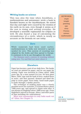 131
Writing books on science
This was also the time when Aryabhata, a
mathematician and astronomer, wrote a book in
Sanskrit known as the Aryabhatiyam. He stated
that day and night were caused by the rotation of
the earth on its axis, even though it seems as if
the sun is rising and setting everyday. He
developed a scientific explanation for eclipses as
well. He also found a way of calculating the
circumference of a circle, which is nearly as
accurate as the formula we use today.
Zero
While numerals had been used earlier,
mathematicians in India now invented a special
symbol for zero. This system of counting was
adapted by the Arabs and then spread to Europe.
It continues to be in use throughout the world.
The Romans used a system of counting without
using zero. Try and find out more about it.
Elsewhere
Paper has become a part of our daily lives. The books
we read are printed on paper, and we use paper for
writing. Paper was invented in China about 1900
years ago, by a man named Cai Lun. He beat plant
fibres, cloth, rope and the bark of trees, soaked these
in water, and then pressed, drained and dried the
pulp to create paper. Even today, hand made paper
is made through a similar process.
The technique of making paper was a closely
guarded secret for centuries. It reached Korea about
1400 years ago, and spread to Japan soon after. It
was known in Baghdad about 1800 years ago. From
Baghdad it spread to Europe, Africa, and other parts
of Asia including the subcontinent.
What were manuscripts in early India made out
of ? (Hint: See Chapter 1)
KEYWORDS
stupa
temple
painting
epic
story
Purana
science
mathematics
BUILDINGS, PAINTINGS
AND BOOKS
 