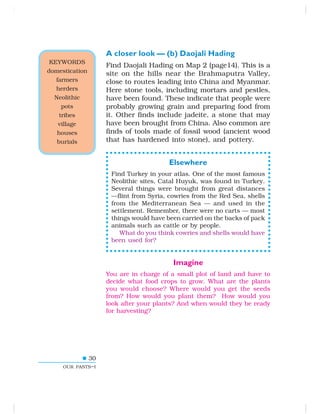 30
OUR PASTS–I
A closer look — (b) Daojali Hading
Find Daojali Hading on Map 2 (page14). This is a
site on the hills near the Brahmaputra Valley,
close to routes leading into China and Myanmar.
Here stone tools, including mortars and pestles,
have been found. These indicate that people were
probably growing grain and preparing food from
it. Other finds include jadeite, a stone that may
have been brought from China. Also common are
finds of tools made of fossil wood (ancient wood
that has hardened into stone), and pottery.
Elsewhere
Find Turkey in your atlas. One of the most famous
Neolithic sites, Catal Huyuk, was found in Turkey.
Several things were brought from great distances
—flint from Syria, cowries from the Red Sea, shells
from the Mediterranean Sea — and used in the
settlement. Remember, there were no carts — most
things would have been carried on the backs of pack
animals such as cattle or by people.
What do you think cowries and shells would have
been used for?
Imagine
You are in charge of a small plot of land and have to
decide what food crops to grow. What are the plants
you would choose? Where would you get the seeds
from? How would you plant them? How would you
look after your plants? And when would they be ready
for harvesting?
KEYWORDS
domestication
farmers
herders
Neolithic
pots
tribes
village
houses
burials
 