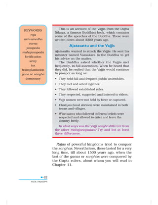 62
OUR PASTS–I
This is an account of the Vajjis from the Digha
Nikaya, a famous Buddhist book, which contains
some of the speeches of the Buddha. These were
written down about 2300 years ago.
Ajatasattu and the Vajjis
Ajatasattu wanted to attack the Vajjis. He sent his
minister named Vassakara to the Buddha to get
his advice on the matter.
The Buddha asked whether the Vajjis met
frequently, in full assemblies. When he heard that
they did, he replied that the Vajjis would continue
to prosper as long as:
• They held full and frequent public assemblies.
• They met and acted together.
• They followed established rules.
• They respected, supported and listened to elders.
• Vajji women were not held by force or captured.
• Chaityas (local shrines) were maintained in both
towns and villages.
• Wise saints who followed different beliefs were
respected and allowed to enter and leave the
country freely.
In what ways was the Vajji sangha different from
the other mahajanapadas? Try and list at least
three differences.
Rajas of powerful kingdoms tried to conquer
the sanghas. Nevertheless, these lasted for a very
long time, till about 1500 years ago, when the
last of the ganas or sanghas were conquered by
the Gupta rulers, about whom you will read in
Chapter 11.
KEYWORDS
raja
ashvamedha
varna
janapada
mahajanapada
fortification
army
tax
transplantation
gana or sangha
democracy
 