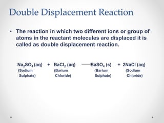 Double Displacement Reaction
• The reaction in which two different ions or group of
atoms in the reactant molecules are displaced it is
called as double displacement reaction.
Na2SO4 (aq) + BaCl2 (aq) BaSO4 (s) + 2NaCl (aq)
(Sodium (Barium (Barium (Sodium
Sulphate) Chloride) Sulphate) Chloride)
 