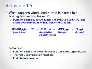 Activity – 1.6
• What happens when Lead Nitrate is heated in a
boiling tube over a burner?
o Pungent smelling, brown fumes are evolved due to NO2 gas
and brownish residue of lead oxide (PbO) is left.
2Pb(NO3)2 (s) Heat PbO (s) + 4NO2 (g) + O2 (g)
(Lead Nitrate) (Lead Oxide) (Nitrogen (Oxygen)
Brownish residue
Inference:
o Pungent smell and Brown fumes are due to Nitrogen dioxide
o Thermal Decomposition reaction.
o Endothermic reaction.
 