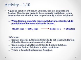 Activity – 1.10
• Aqueous solution of Sodium Chloride, Sodium Sulphate and
Calcium Chloride are taken in three separate test tubes. Using
aqueous barium chloride how do you identify sodium sulphate?
o When Sodium sulphate reacts with barium chloride, white
precipitate of barium sulphate is formed.
Na2SO4 (aq) + BaCl2 (aq) BaSO4 (s) ↓ + 2NaCl (s)
Inference:
o Sodium Chloride & Calcium Chloride do not react with Barium
Chloride. Hence solution remains clear.
o Upon reaction with Barium Chloride, Sodium Sulphate
produces Barium Sulphate, a white precipitate.
o This is a Double Displacement Reaction.
 