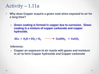 Activity – 1.11a
• Why does Copper acquire a green coat when exposed to air for
a long time?
o Green coating is formed in copper due to corrosion. Green
coating is a mixture of copper carbonate and copper
hydroxide.
2Cu + H2O + CO2 + O2 Cu(OH)2 + CuCO3
Inference:
o Copper on exposure to air reacts with gases and moisture
in air to form Copper hydroxide and Copper carbonate
 