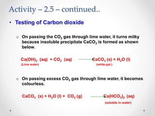 Activity – 2.5 – continued..
• Testing of Carbon dioxide
o On passing the CO2 gas through lime water, it turns milky
because insoluble precipitate CaCO3 is formed as shown
below.
Ca(OH)2 (aq) + CO2 (aq) CaCO3 (s) + H2O (l)
(Lime water) (white ppt.)
o On passing excess CO2 gas through lime water, it becomes
colourless.
CaCO3 (s) + H2O (l) + CO2 (g) Ca(HCO3)2 (aq)
(soluble in water)
 