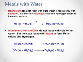 Metals with Water
• Magnesium does not react with Cold water. It reacts only with
hot water. It also starts floating as evolved Hydrogen sticks to
the metal surface.
∆
Mg (s) + H2O (l) MgO (s) + H2 (g)
• Aluminium, Iron and Zinc do not react with cold or hot
water. But they can react with Steam to form Metal
oxides and Hydrogen.
2Al (s) + 3H2O (g) Al2O3 (s) + 3H2 (g)
3Fe (s) + 4H2O (g) Fe3O4 (s) + 3H2 (g)
 