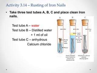 Activity 3.14 – Rusting of Iron Nails
• Take three test tubes A, B, C and place clean Iron
nails.
Test tube A – water
Test tube B – Distilled water
+ 1 ml of oil
Test tube C – anhydrous
Calcium chloride
 