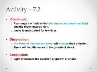 Activity – 7.2
• Continued..
o Rearrange the flask so that the shoots are away from light
and the roots towards light.
o Leave it undisturbed for few days.
• Observation:
o Old Parts of the root and shoot will change their direction.
o There will be differences in the growth of shoot.
• Conclusion:
o Light influences the direction of growth of shoot.
 