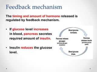 Feedback mechanism
The timing and amount of hormone released is
regulated by feedback mechanism.
• If glucose level increa...