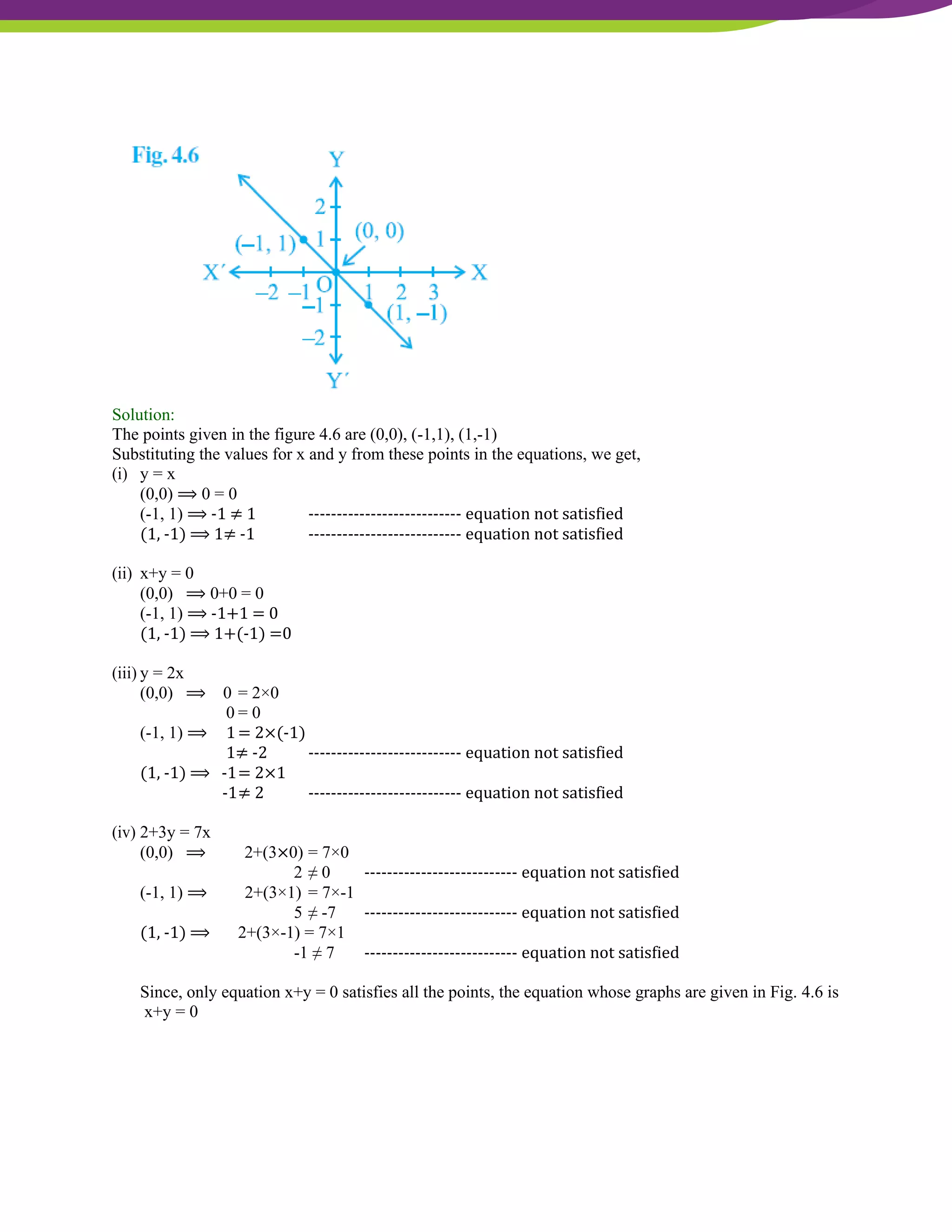 NCERT Solutions For Class 9 Maths Chapter 4- Linear Equations In Two Variables
Solution:
The points given in the figure 4.6 are (0,0), (-1,1), (1,-1)
Substituting the values for x and y from these points in the equations, we get,
(i) y = x
(0,0) ⟹ 0 = 0
(-1, 1) ⟹ -1 ≠ 1 --------------------------- equation not satisfied
(1, -1) ⟹ 1≠ -1 --------------------------- equation not satisfied
(ii) x+y = 0
(0,0) ⟹ 0+0 = 0
(-1, 1) ⟹ -1+1 = 0
(1, -1) ⟹ 1+(-1) =0
(iii) y = 2x
(0,0) ⟹ 0 = 2×0
0 = 0
(-1, 1) ⟹ 1= 2×(-1)
1≠ -2 --------------------------- equation not satisfied
(1, -1) ⟹ -1= 2×1
-1≠ 2 --------------------------- equation not satisfied
(iv) 2+3y = 7x
(0,0) ⟹ 2+(3×0) = 7×0
2 ≠ 0 --------------------------- equation not satisfied
(-1, 1) ⟹ 2+(3×1) = 7×-1
5 ≠ -7 --------------------------- equation not satisfied
(1, -1) ⟹ 2+(3×-1) = 7×1
-1 ≠ 7 --------------------------- equation not satisfied
Since, only equation x+y = 0 satisfies all the points, the equation whose graphs are given in Fig. 4.6 is
x+y = 0
 