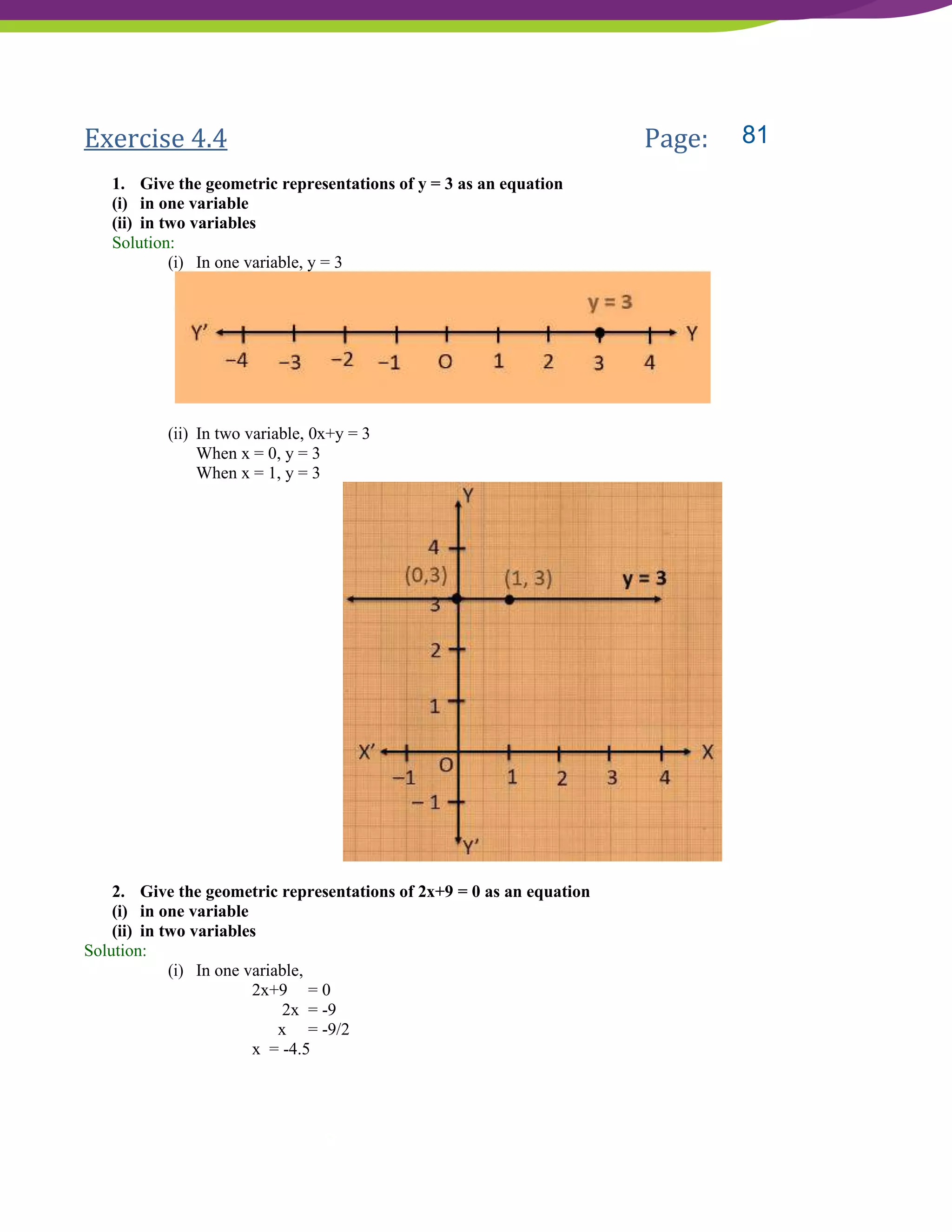 NCERT Solutions For Class 9 Maths Chapter 4- Linear Equations In Two Variables
Exercise 4.4 Page: 77
1. Give the geometric representations of y = 3 as an equation
(i) in one variable
(ii) in two variables
Solution:
(i) In one variable, y = 3
(ii) In two variable, 0x+y = 3
When x = 0, y = 3
When x = 1, y = 3
2. Give the geometric representations of 2x+9 = 0 as an equation
(i) in one variable
(ii) in two variables
Solution:
(i) In one variable,
2x+9 = 0
2x = -9
x = -9/2
x = -4.5
81
 