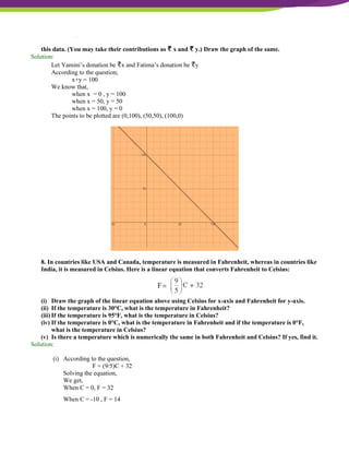 NCERT Solutions For Class 9 Maths Chapter 4- Linear Equations In Two Variables
this data. (You may take their contributions as ₹ x and ₹ y.) Draw the graph of the same.
Solution:
Let Yamini’s donation be ₹x and Fatima’s donation be ₹y
According to the question;
x+y = 100
We know that,
when x = 0 , y = 100
when x = 50, y = 50
when x = 100, y = 0
The points to be plotted are (0,100), (50,50), (100,0)
8. In countries like USA and Canada, temperature is measured in Fahrenheit, whereas in countries like
India, it is measured in Celsius. Here is a linear equation that converts Fahrenheit to Celsius:
(i) Draw the graph of the linear equation above using Celsius for x-axis and Fahrenheit for y-axis.
(ii) If the temperature is 30°C, what is the temperature in Fahrenheit?
(iii) If the temperature is 95°F, what is the temperature in Celsius?
(iv) If the temperature is 0°C, what is the temperature in Fahrenheit and if the temperature is 0°F,
what is the temperature in Celsius?
(v) Is there a temperature which is numerically the same in both Fahrenheit and Celsius? If yes, find it.
Solution:
(i) According to the question,
F = (9/5)C + 32
Solving the equation,
We get,
When C = 0, F = 32
When C = -10 , F = 14
 