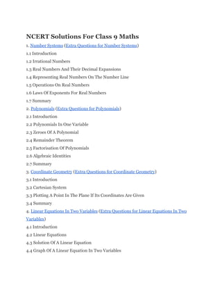 NCERT Solutions For Class 9 Maths 
1. ​Number Systems​ (​Extra Questions for Number Systems​) 
1.1 Introduction 
1.2 Irrational Numbers 
1.3 Real Numbers And Their Decimal Expansions 
1.4 Representing Real Numbers On The Number Line 
1.5 Operations On Real Numbers 
1.6 Laws Of Exponents For Real Numbers 
1.7 Summary 
2. ​Polynomials​ (​Extra Questions for Polynomials​) 
2.1 Introduction 
2.2 Polynomials In One Variable 
2.3 Zeroes Of A Polynomial 
2.4 Remainder Theorem 
2.5 Factorisation Of Polynomials 
2.6 Algebraic Identities 
2.7 Summary 
3. ​Coordinate Geometry​ (​Extra Questions for Coordinate Geometry​) 
3.1 Introduction 
3.2 Cartesian System 
3.3 Plotting A Point In The Plane If Its Coordinates Are Given 
3.4 Summary 
4. ​Linear Equations In Two Variables​ (​Extra Questions for Linear Equations In Two 
Variables​) 
4.1 Introduction 
4.2 Linear Equations 
4.3 Solution Of A Linear Equation 
4.4 Graph Of A Linear Equation In Two Variables 
 