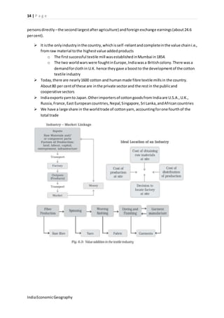 14 | P a g e 
persons directly – the second largest after agriculture) and foreign exchange earnings (about 24.6 
per cent). 
 It is the only industry in the country, which is self -reliant and complete in the value chain i.e., 
from raw material to the highest value added products 
o The first successful textile mill was established in Mumbai in 1854. 
o The two world wars were fought in Europe, India was a British colony. There was a 
demand for cloth in U.K. hence they gave a boost to the development of the cotton 
textile industry 
 Today, there are nearly 1600 cotton and human made fibre textile mills in the country. 
About 80 per cent of these are in the private sector and the rest in the public and 
cooperative sectors 
 India exports yarn to Japan. Other importers of cotton goods from India are U.S.A., U.K., 
Russia, France, East European countries, Nepal, Singapore, Sri Lanka, and African countries 
 We have a large share in the world trade of cotton yarn, accounting for one fourth of the 
total trade 
India Economic Geography 
 