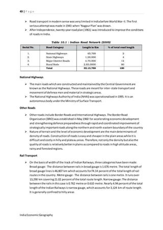 49 | P a g e 
 Road transport in modern sense was very limited in India before World War-II. The first 
serious attempt was made in 1943 when ‘Nagpur Plan’ was drawn. 
 After Independence, twenty-year road plan (1961) was introduced to improve the conditions 
of roads in India. 
National Highways 
 The main roads which are constructed and maintained by the Central Government are 
known as the National Highways. These roads are meant for inter-state transport and 
movement of defence men and material in strategic areas. 
 The National Highways Authority of India (NHAI) was operationalised in 1995. It is an 
autonomous body under the Ministry of Surface Transport. 
Other Roads 
 Other roads include Border Roads and International Highways. The Border Road 
Organisation (BRO) was established in May 1960 for accelerating economic development 
and strengthening defence preparedness through rapid and coordinated improvement of 
strategically important roads along the northern and north-eastern boundary of the country 
 Nature of terrain and the level of economic development are the main determinants of 
density of roads. Construction of roads is easy and cheaper in the plain areas while it is 
difficult and costly in hilly and plateau areas. Therefore, not only the density but also the 
quality of roads is relatively better in plains as compared to roads in high altitude areas, 
rainy and forested regions. 
Rail Transport 
 On the basis of width of the track of Indian Railways, three categories have been made: 
Broad gauge: The distance between rails in broad gauge is 1.676 metre. The total length of 
broad gauge lines is 46,807 km which accounts for74.14 percent of the total length of rail 
routes in the country. Metre gauge: The distance between rails is one metre. It runs over 
13,290 km covering 21.02 percent of the total route length. Narrow gauge: The distance 
between the rails in this case is 0.762 metre or 0.610 metre. Nearly 4.94 percent of the total 
length of the Indian Railways is narrow gauge, which accounts for 3,124 km of route length. 
It is generally confined to hilly areas 
India Economic Geography 
 