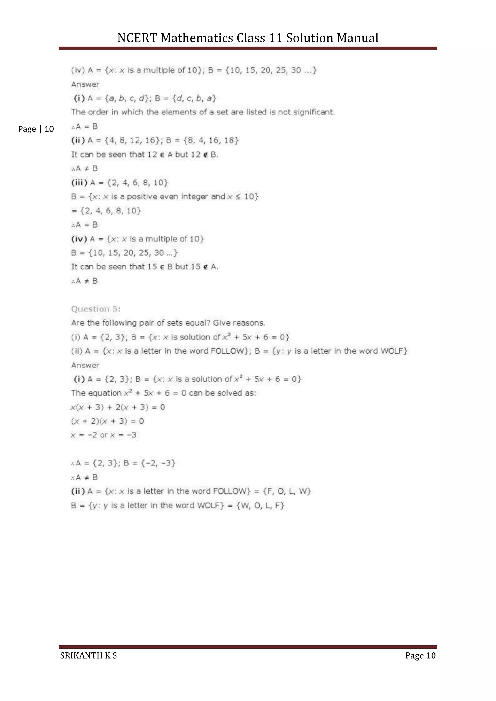 NCERT Mathematics Class 11 Solution Manual
SRIKANTH K S Page 10
Page | 10
 