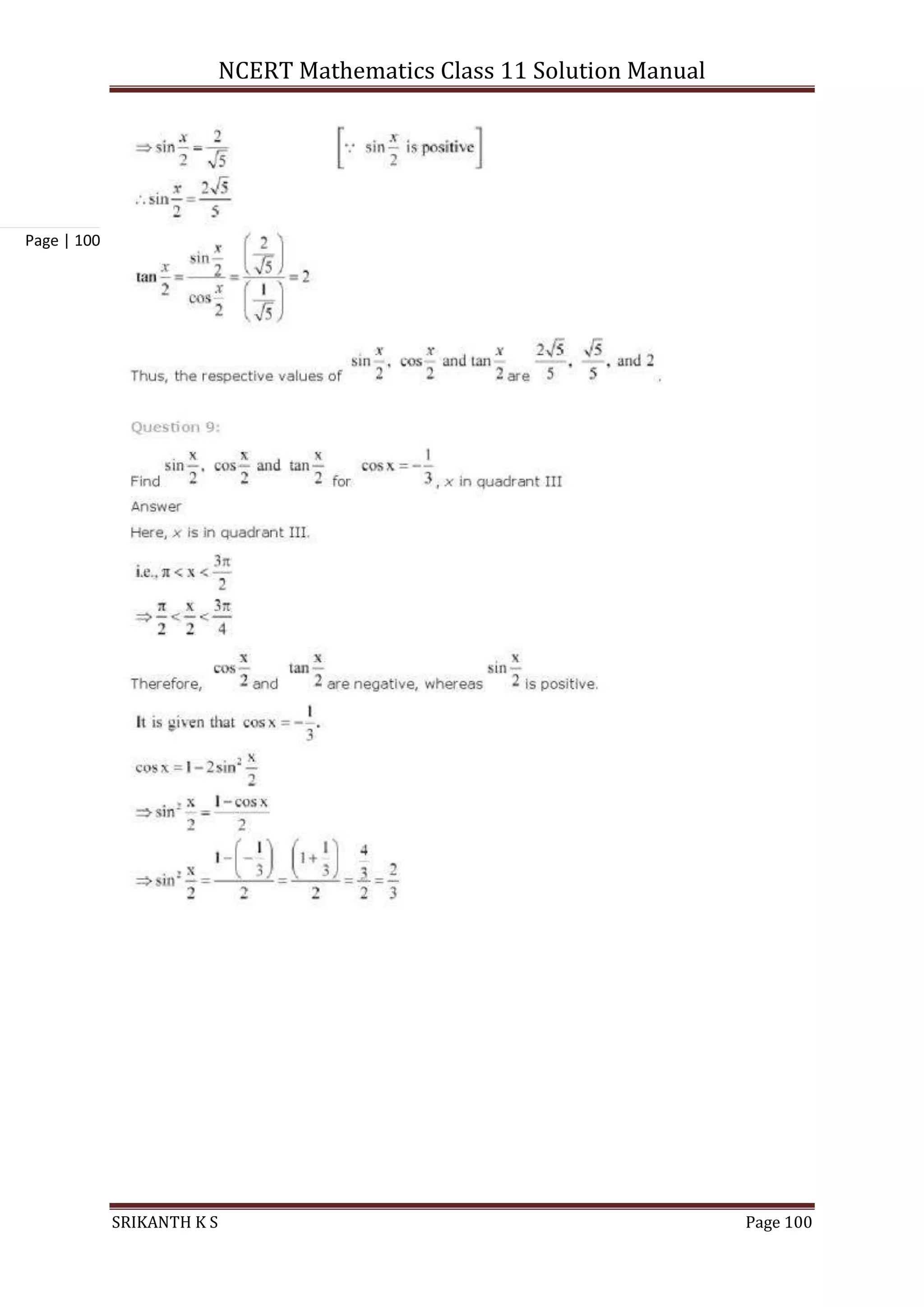 NCERT Mathematics Class 11 Solution Manual
SRIKANTH K S Page 100
Page | 100
 